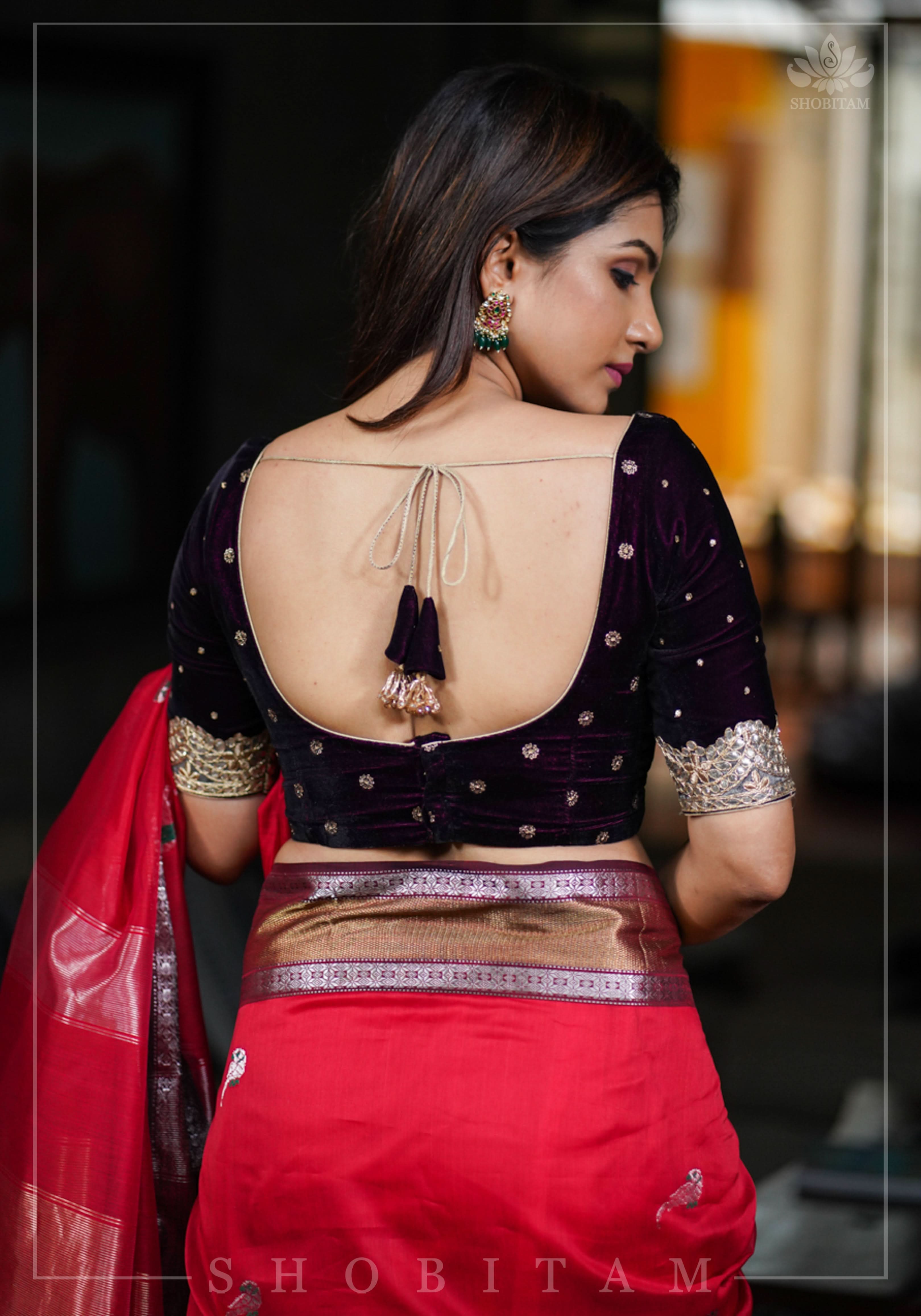 Burgundy velvet blouse with two size buttas, gotta detailing and cut dana latkans | Shobitam