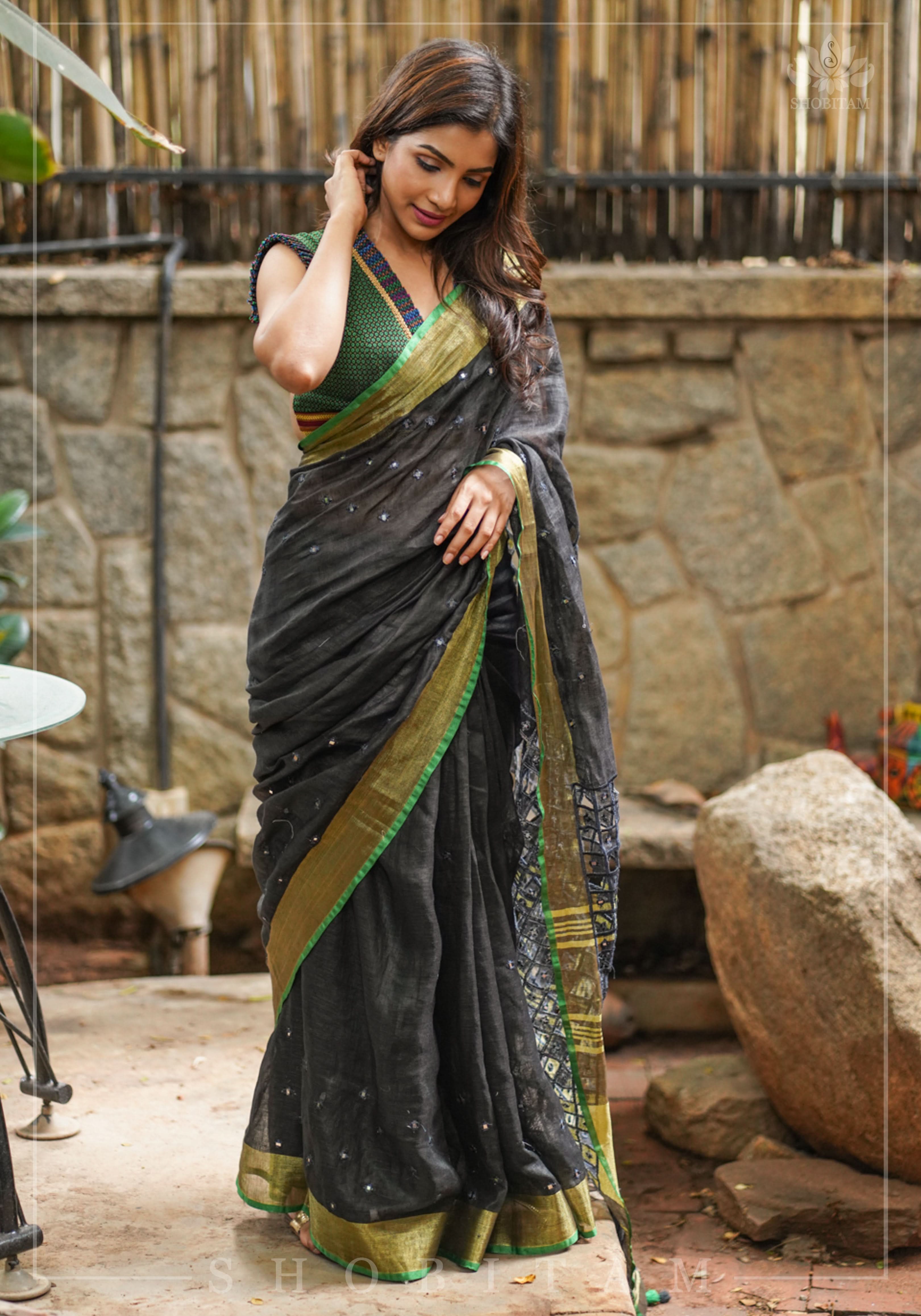 Cutwork Linen Saree in Black with Green borders | Shobitam