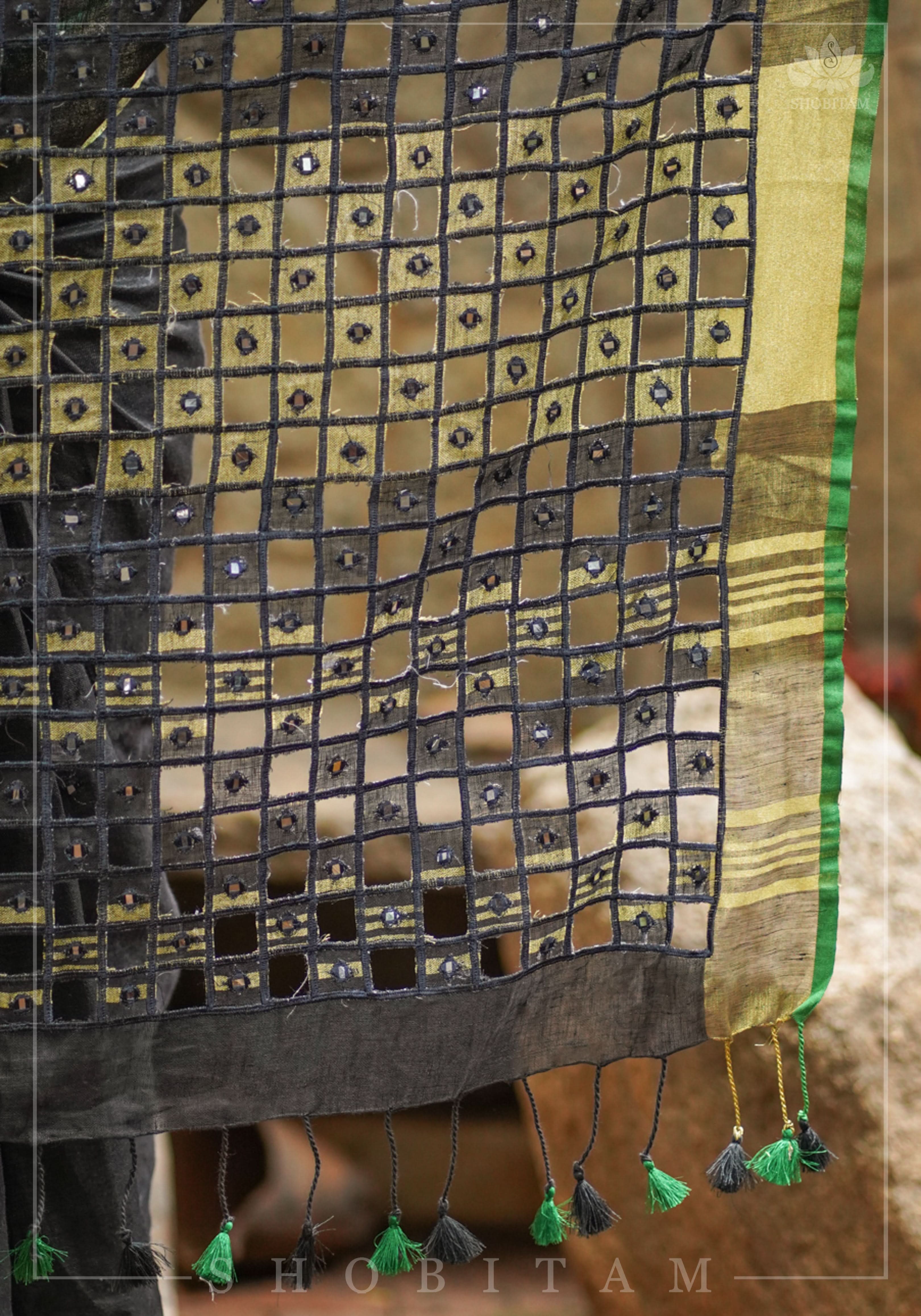 Cutwork Linen Saree in Black with Green borders | Shobitam