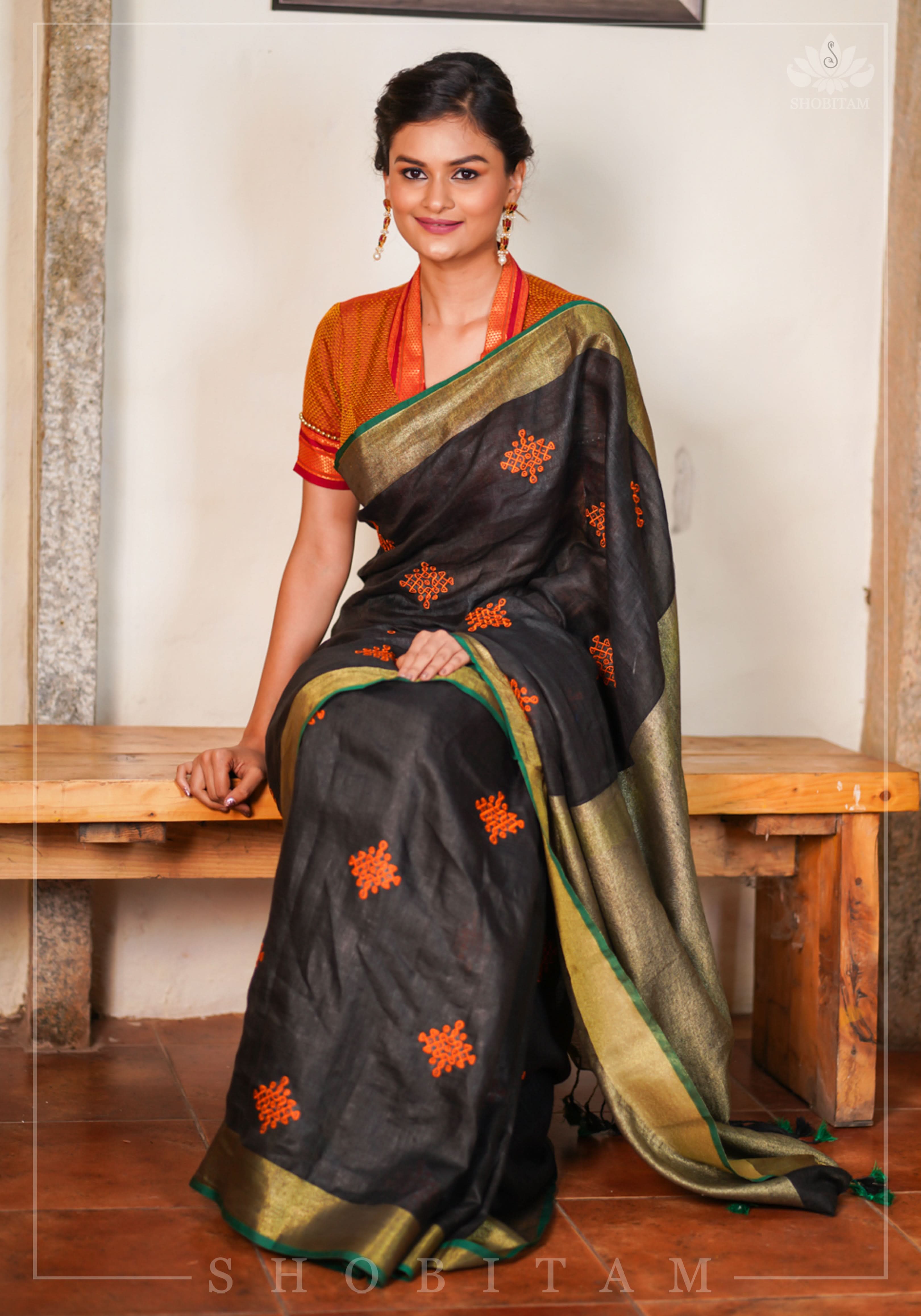 Black Linen by Linen Saree with Vermillion Rangoli Embroidery | Shobitam