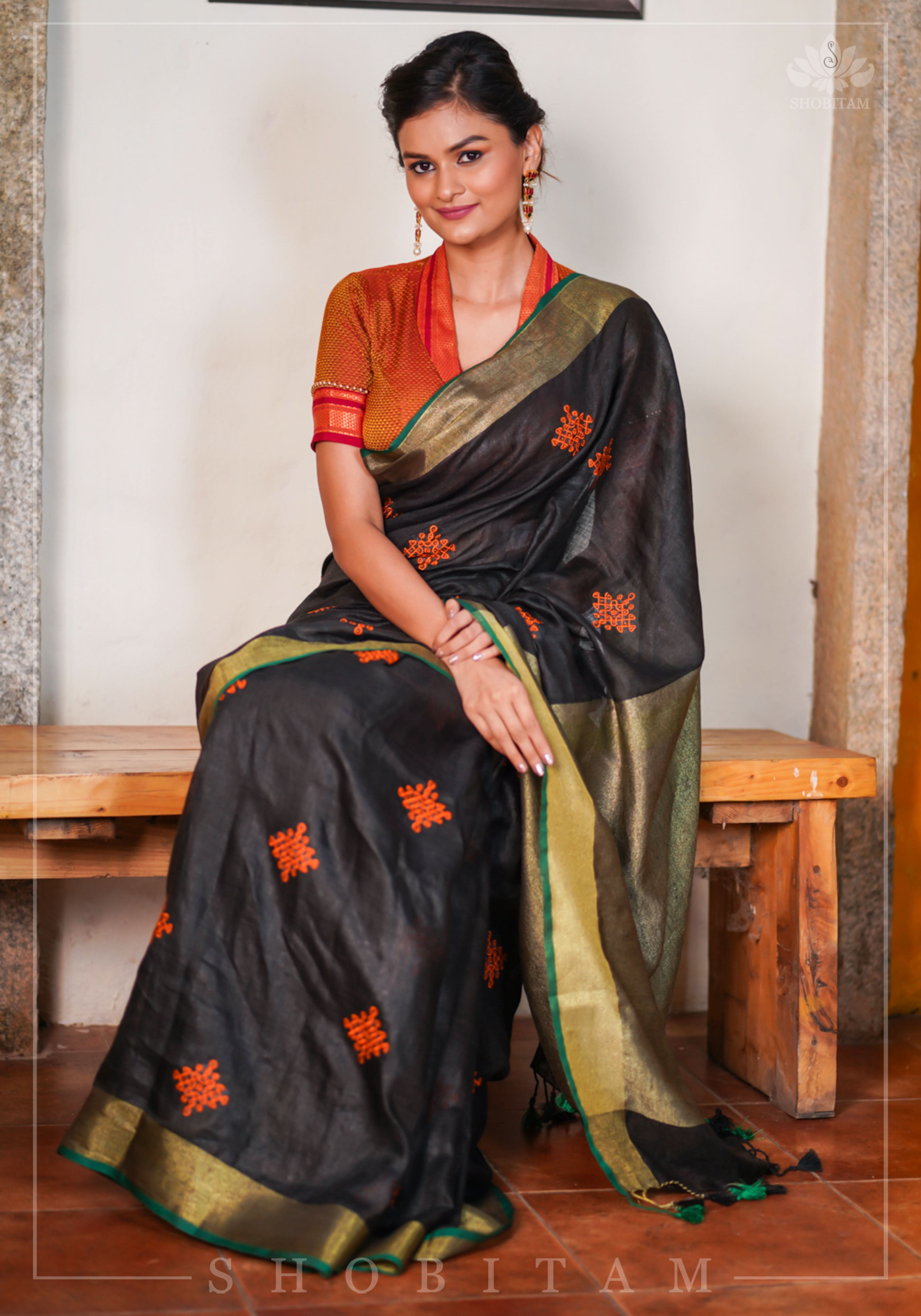 Black Linen by Linen Saree with Vermillion Rangoli Embroidery | Shobitam