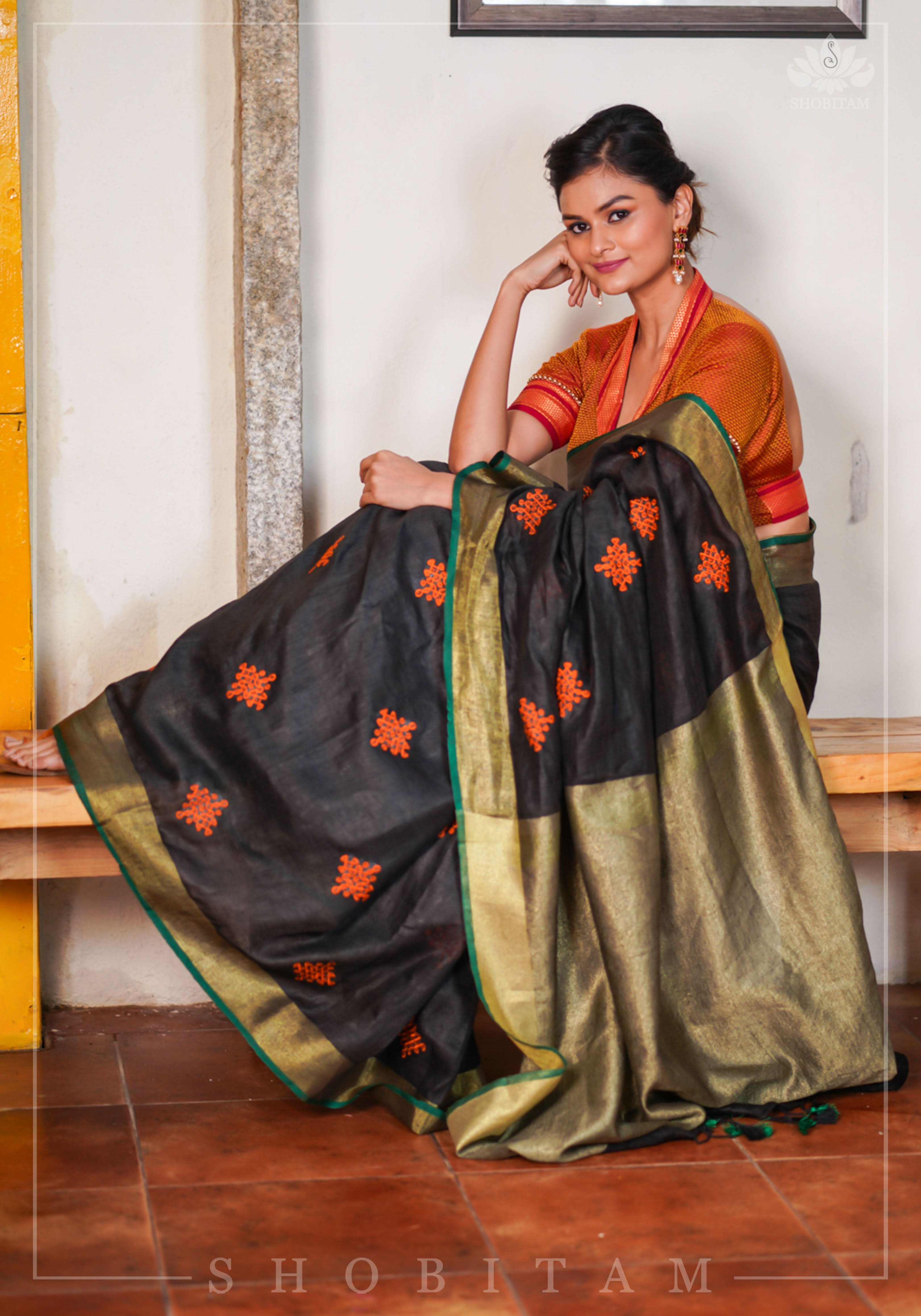 Black Linen by Linen Saree with Vermillion Rangoli Embroidery | Shobitam