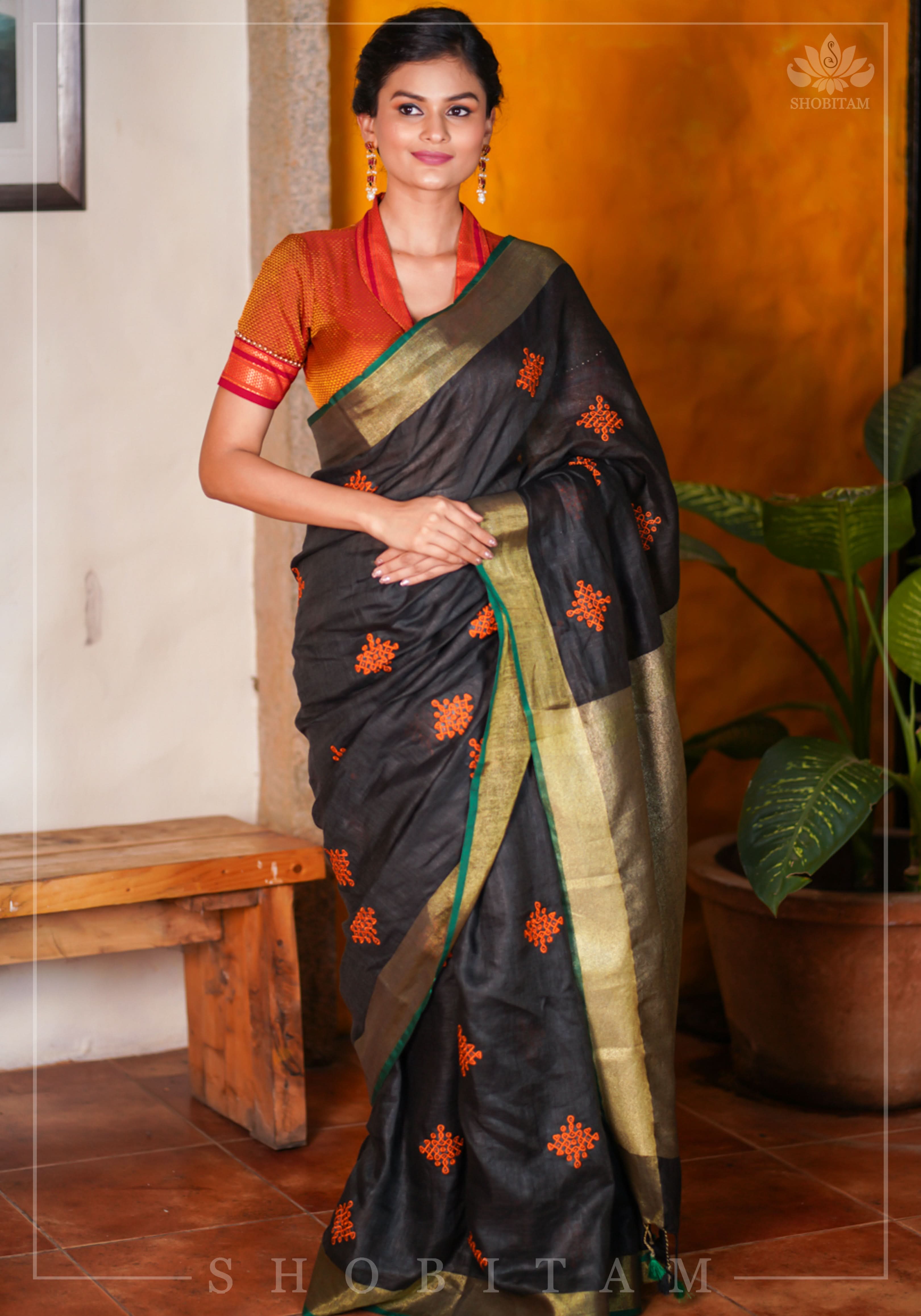 Black Linen by Linen Saree with Vermillion Rangoli Embroidery | Shobitam