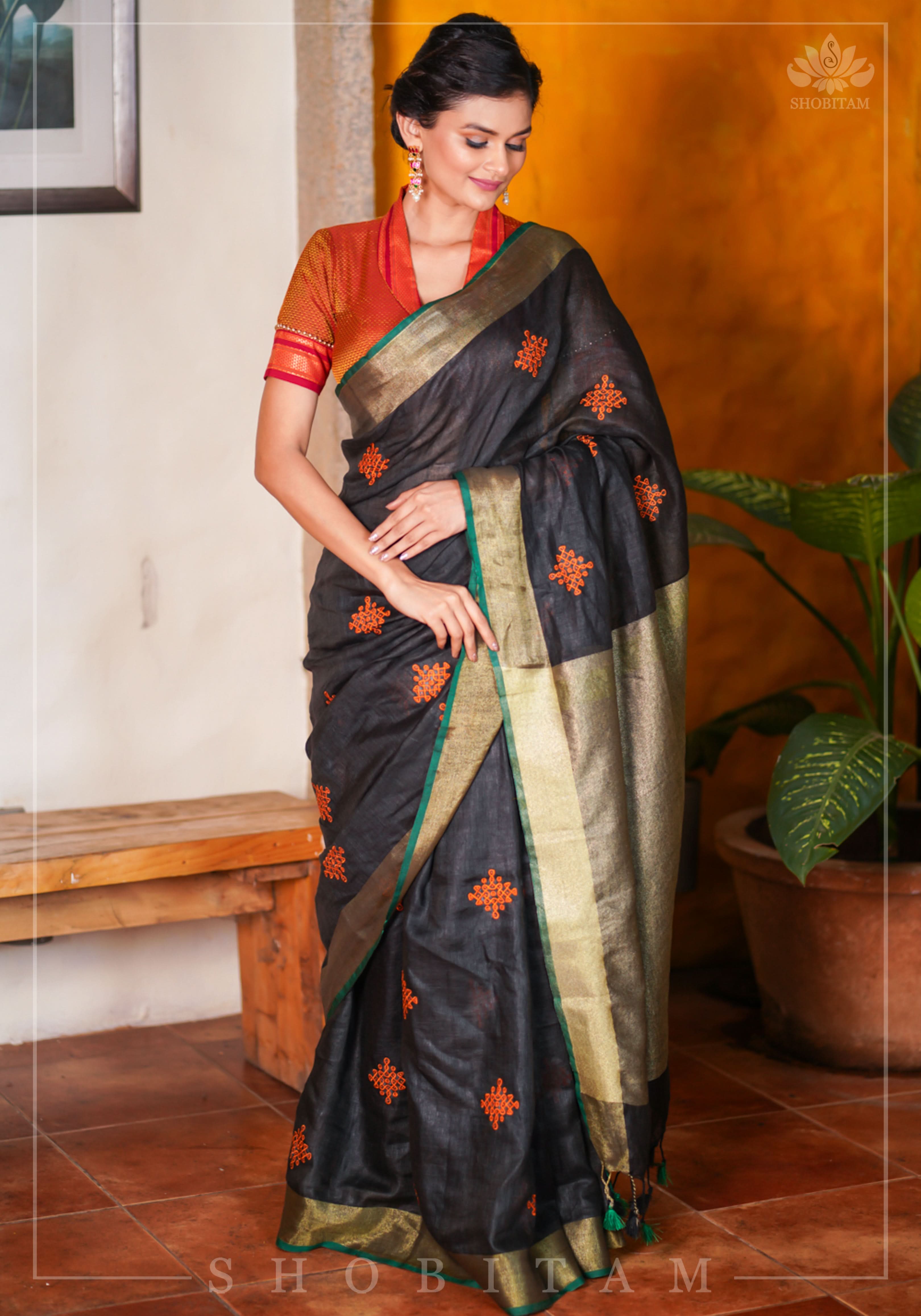Black Linen by Linen Saree with Vermillion Rangoli Embroidery | Shobitam