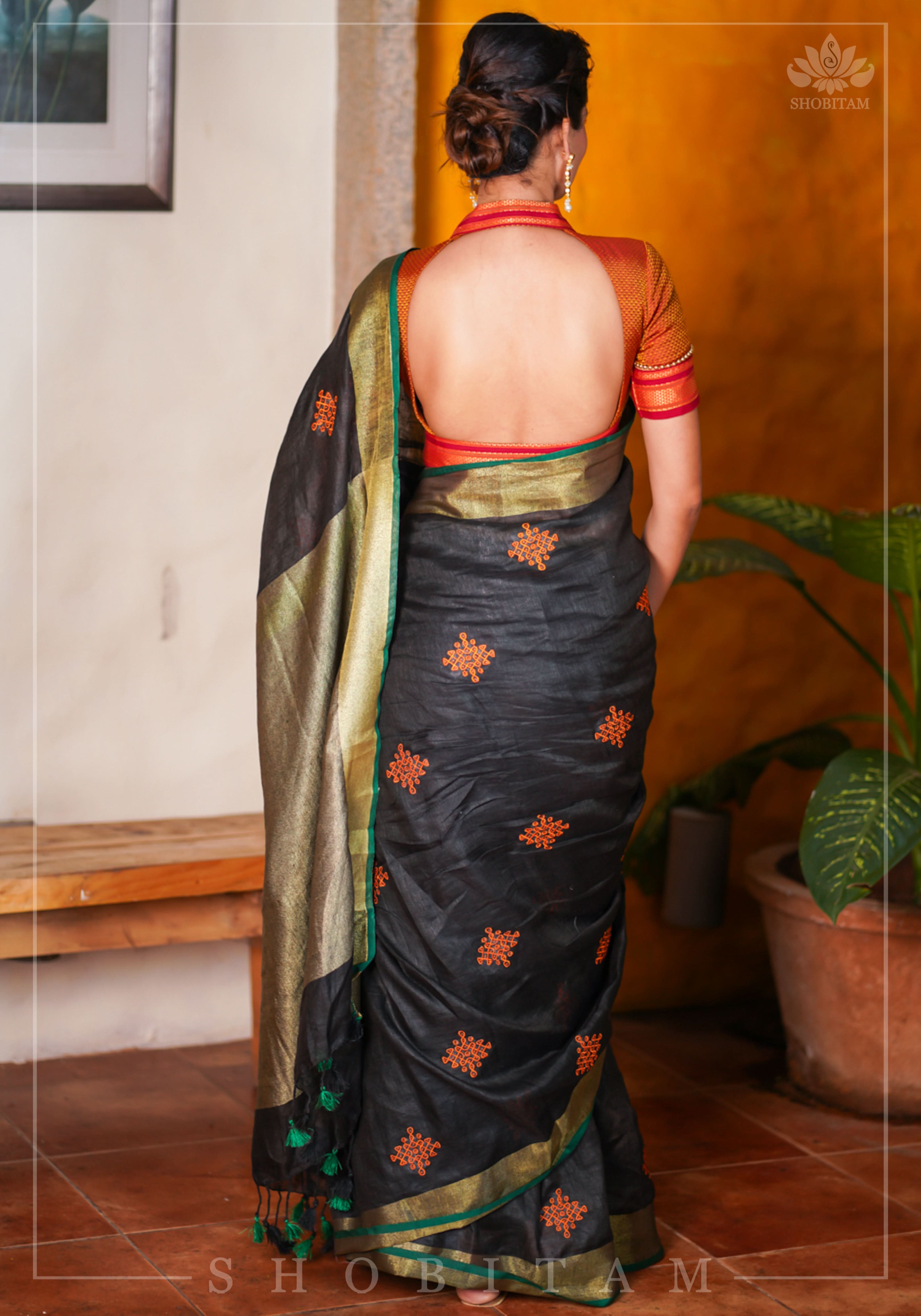 Black Linen by Linen Saree with Vermillion Rangoli Embroidery | Shobitam