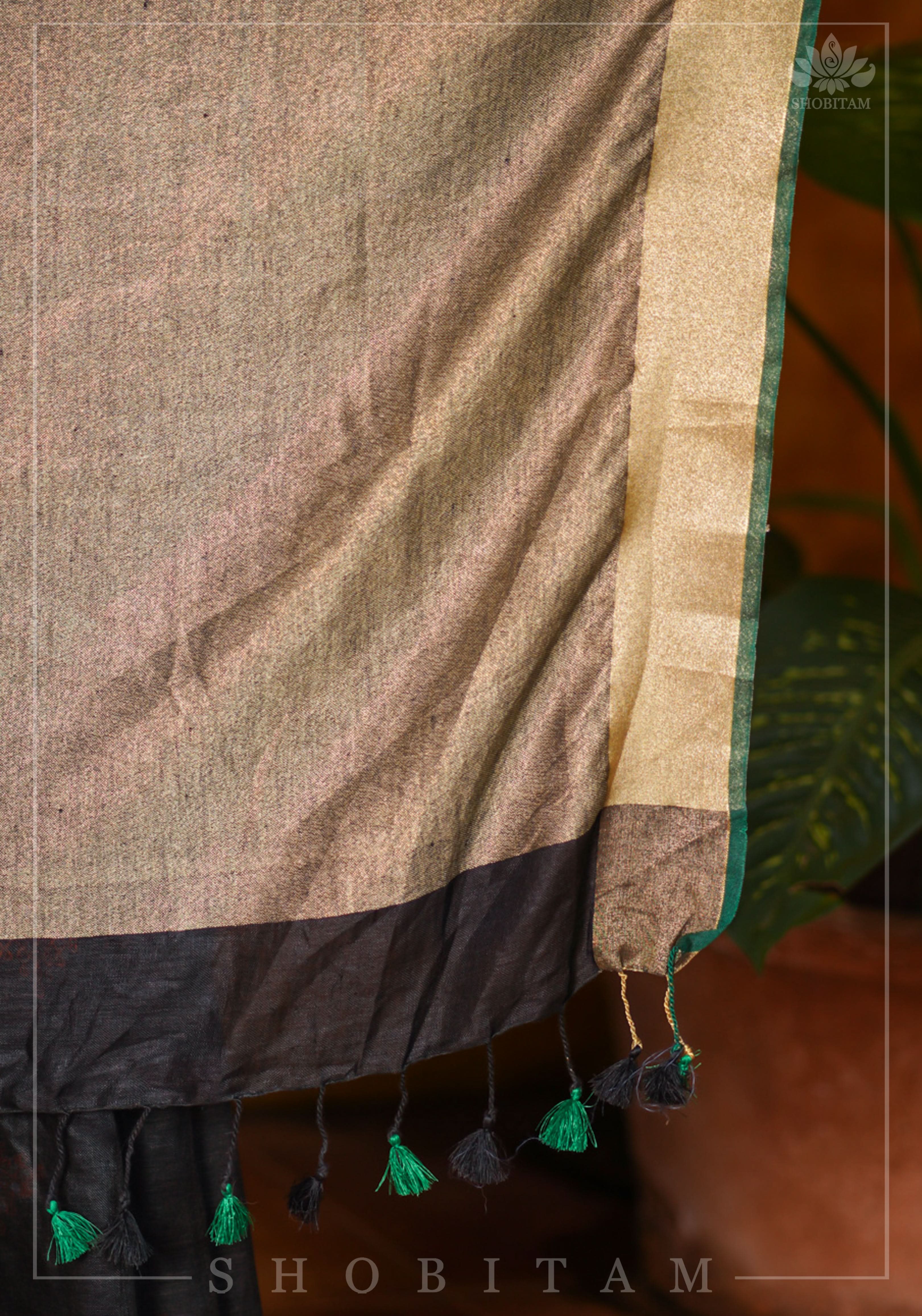 Black Linen by Linen Saree with Vermillion Rangoli Embroidery | Shobitam