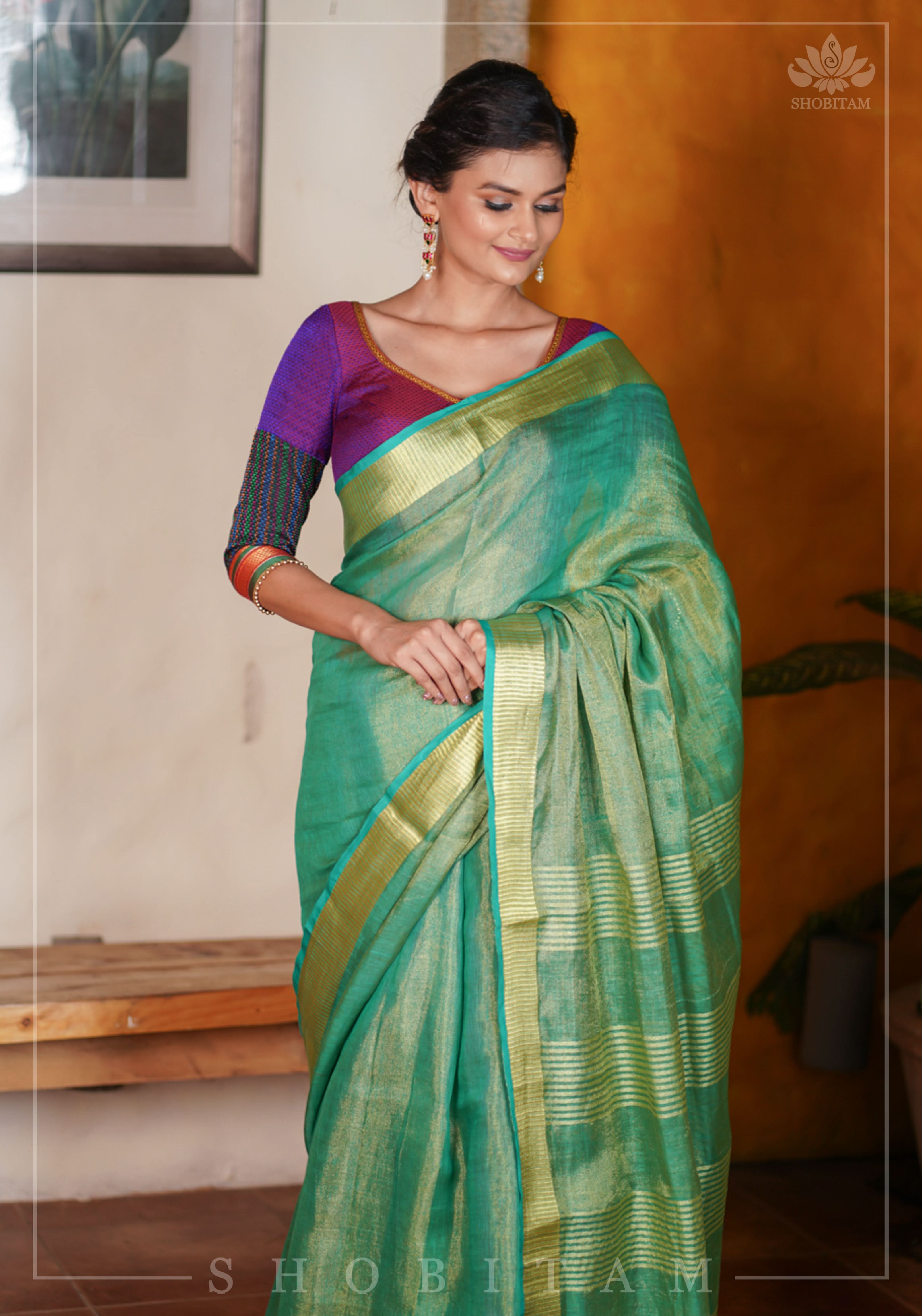 Rama Green and Gold Tissue by Linen Saree | Shobitam