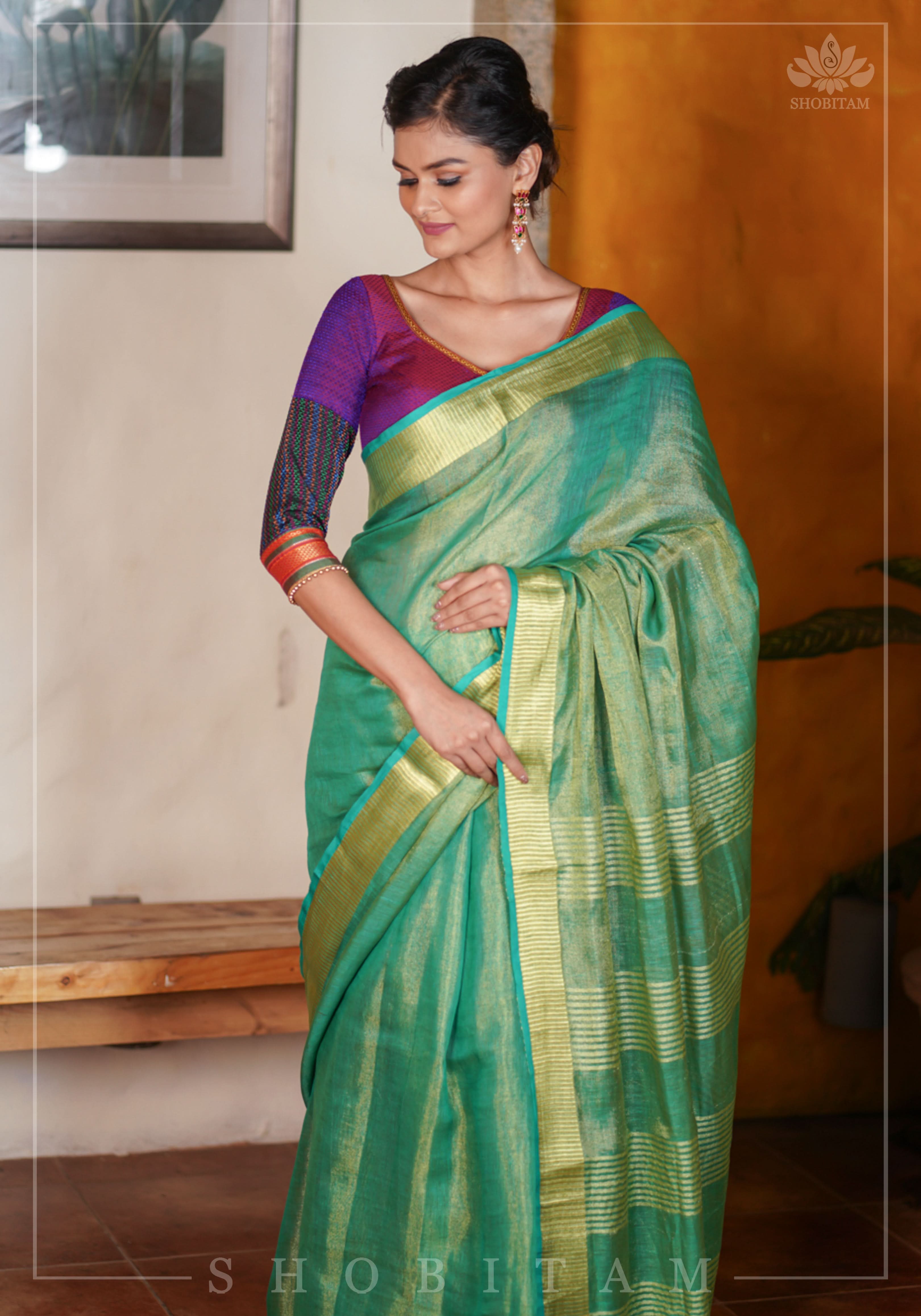 Rama Green and Gold Tissue by Linen Saree | Shobitam