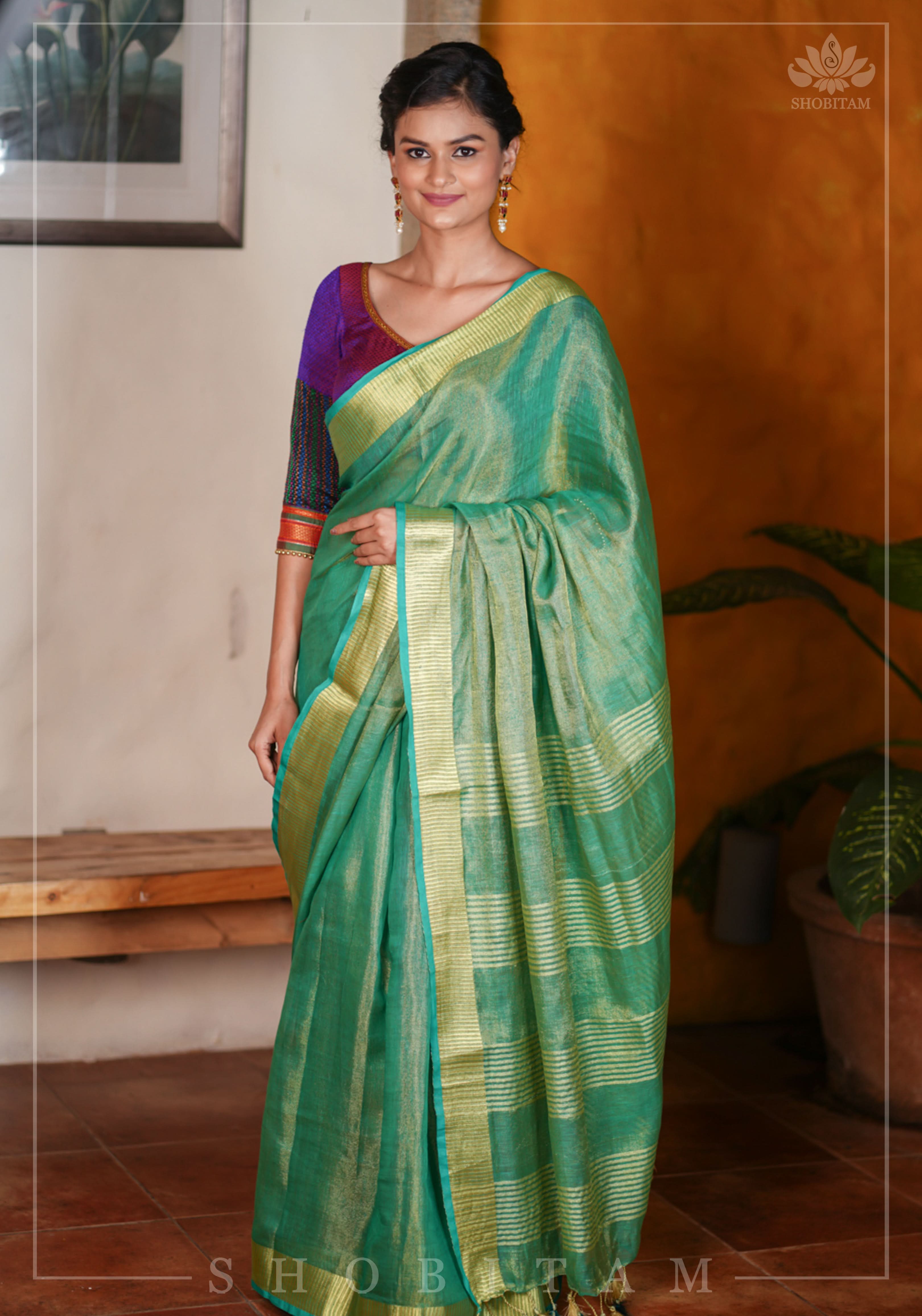 Rama Green and Gold Tissue by Linen Saree | Shobitam