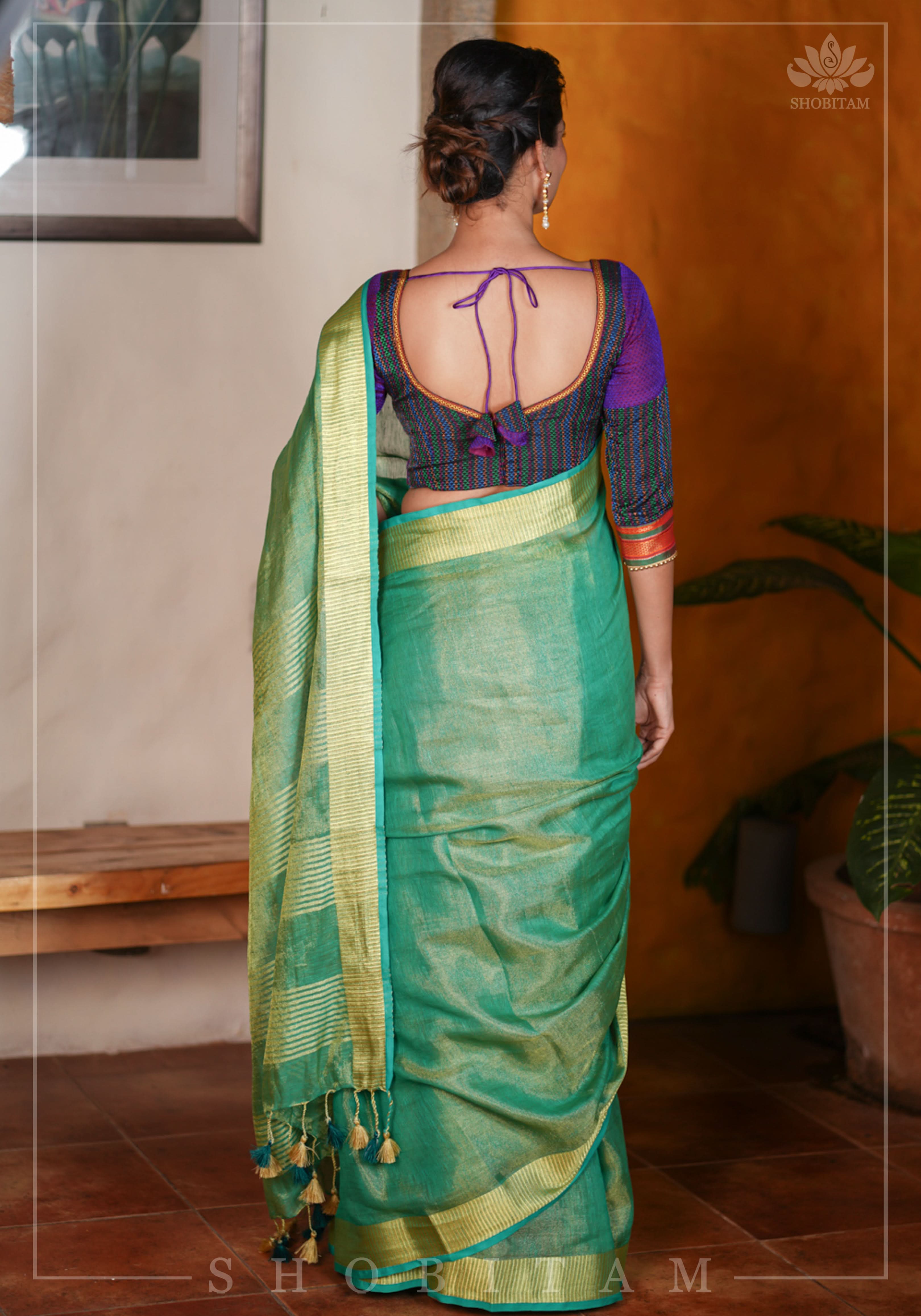 Rama Green and Gold Tissue by Linen Saree | Shobitam