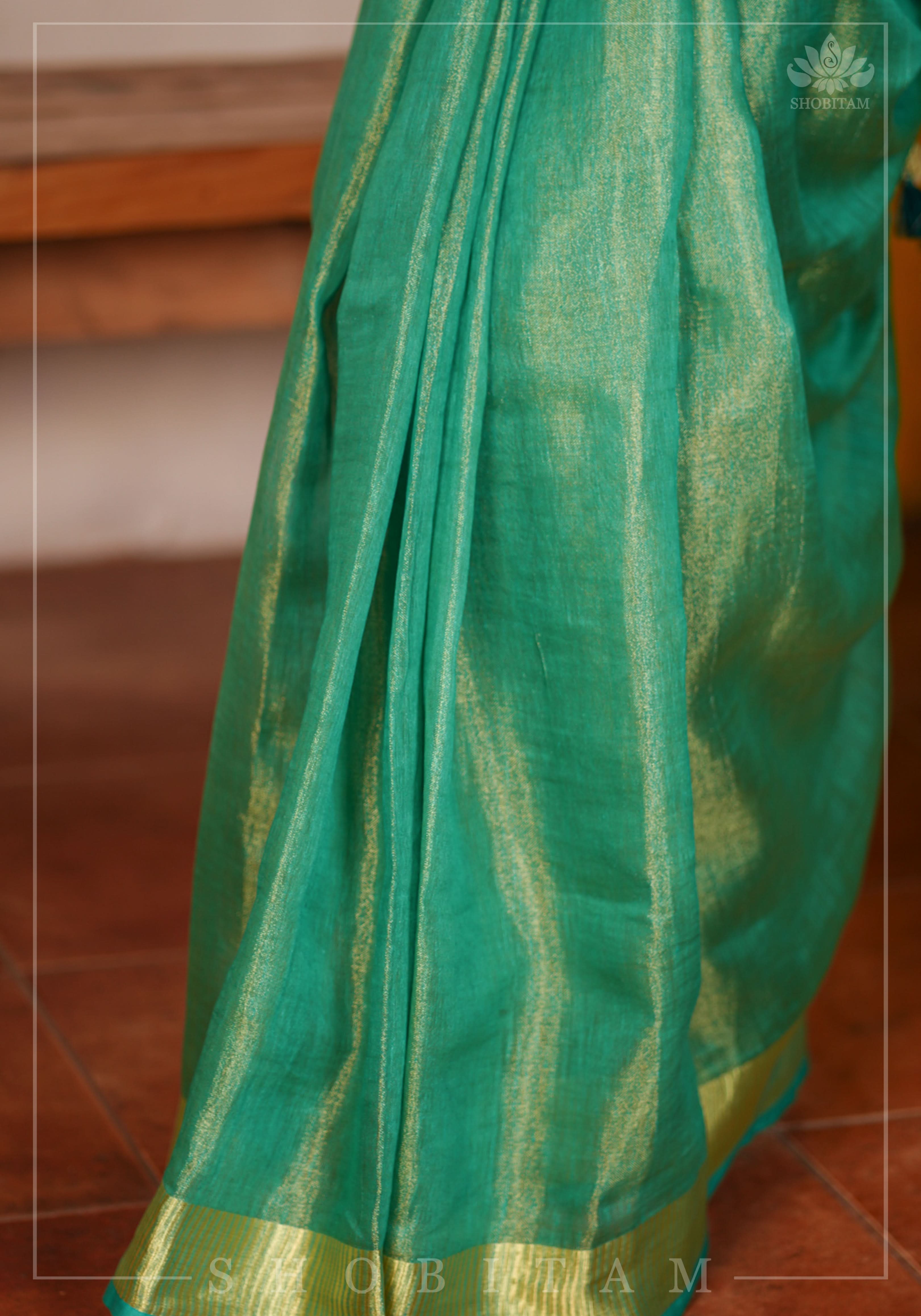 Rama Green and Gold Tissue by Linen Saree | Shobitam