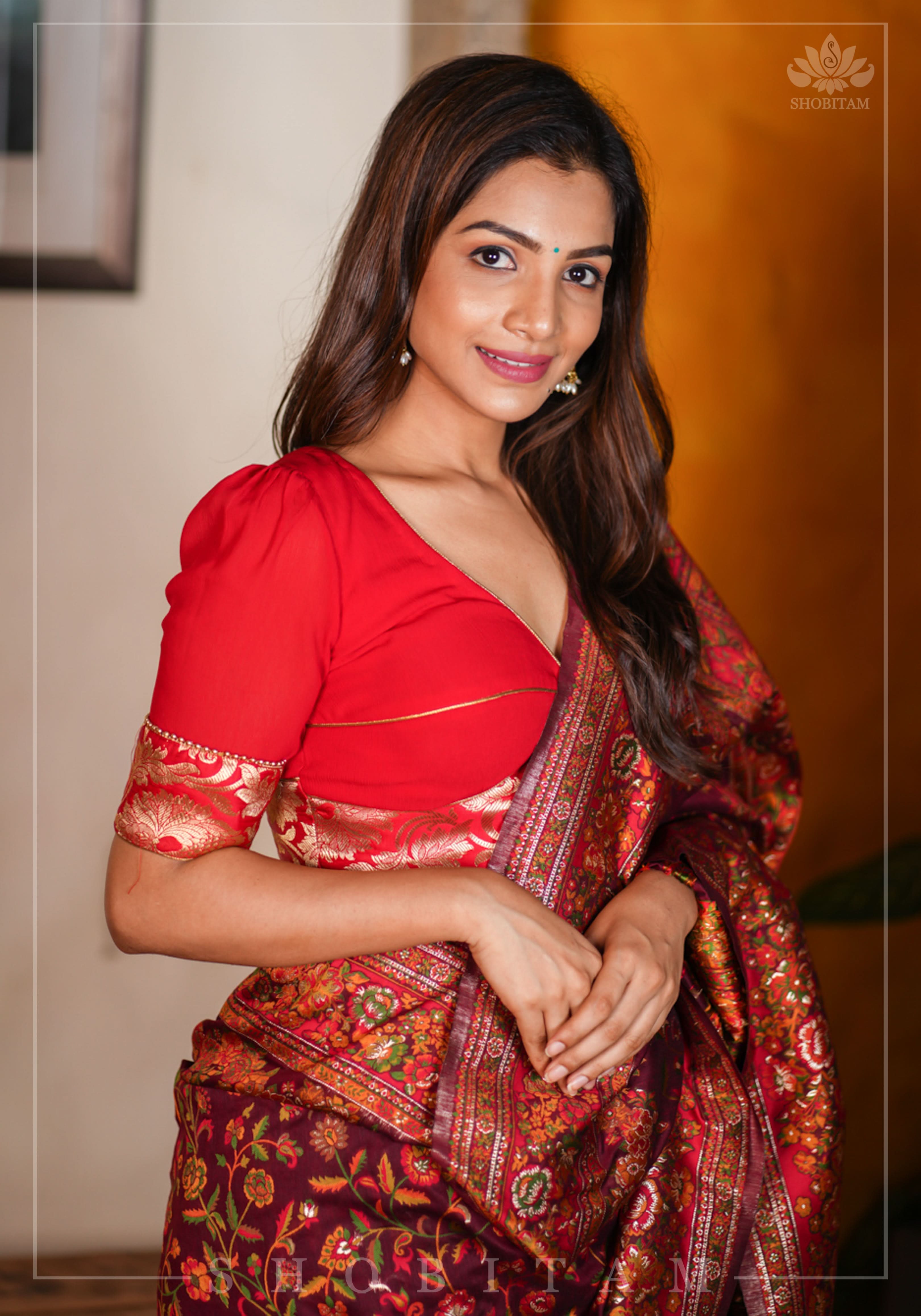 Red Chiffon Blouse with Brocade detailing | Shobitam