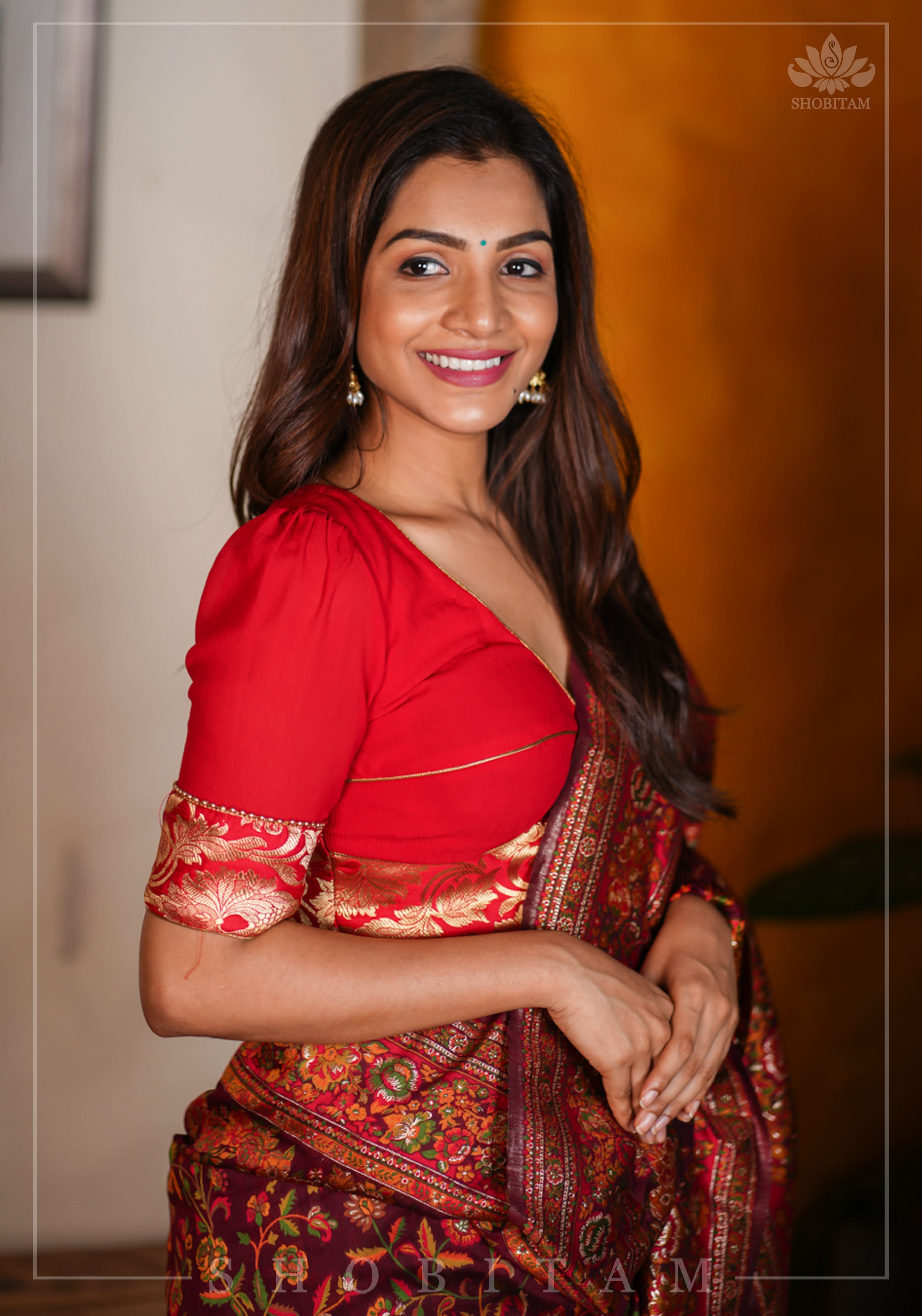 Red Chiffon Blouse with Brocade detailing | Shobitam
