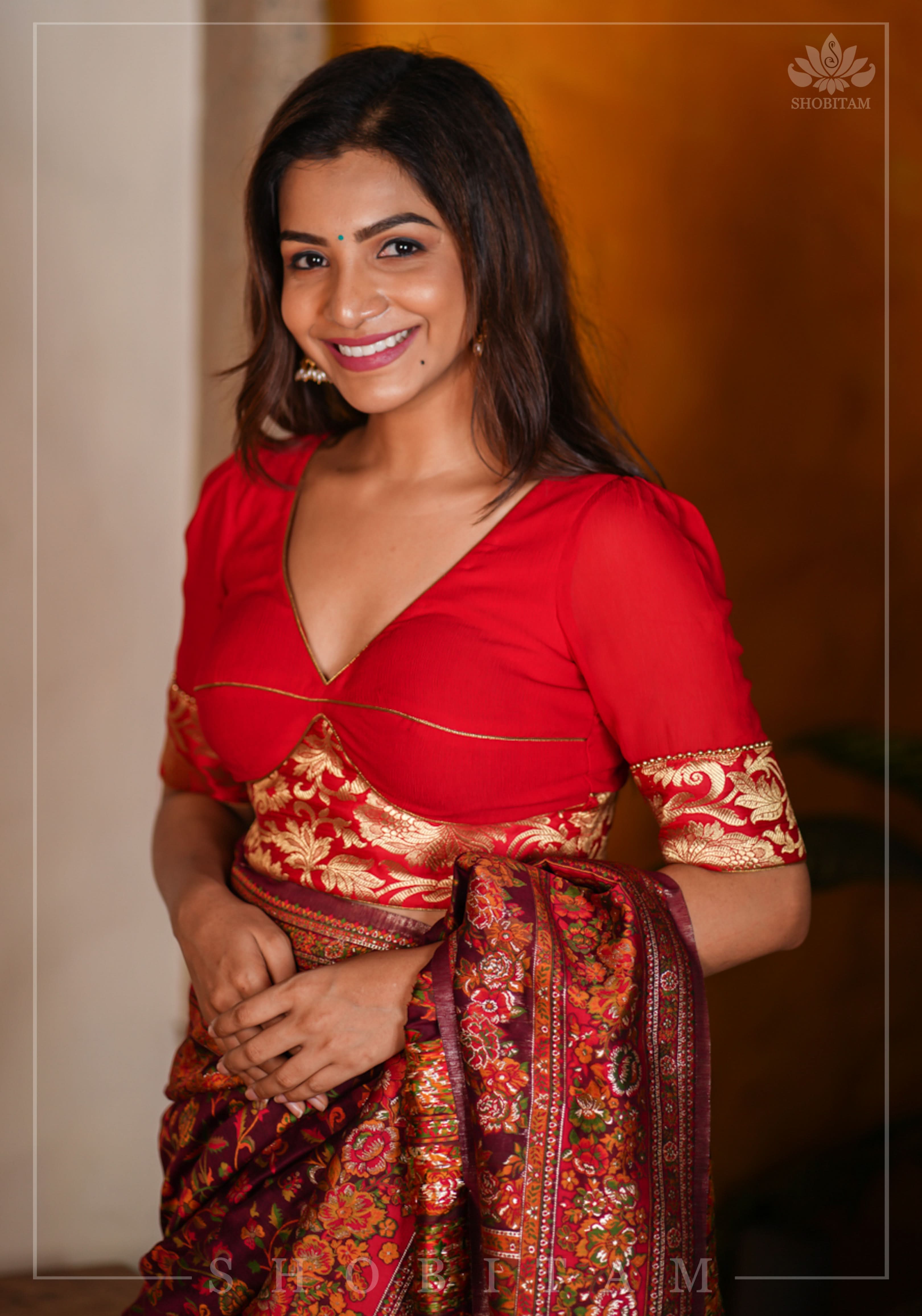 Red Chiffon Blouse with Brocade detailing | Shobitam