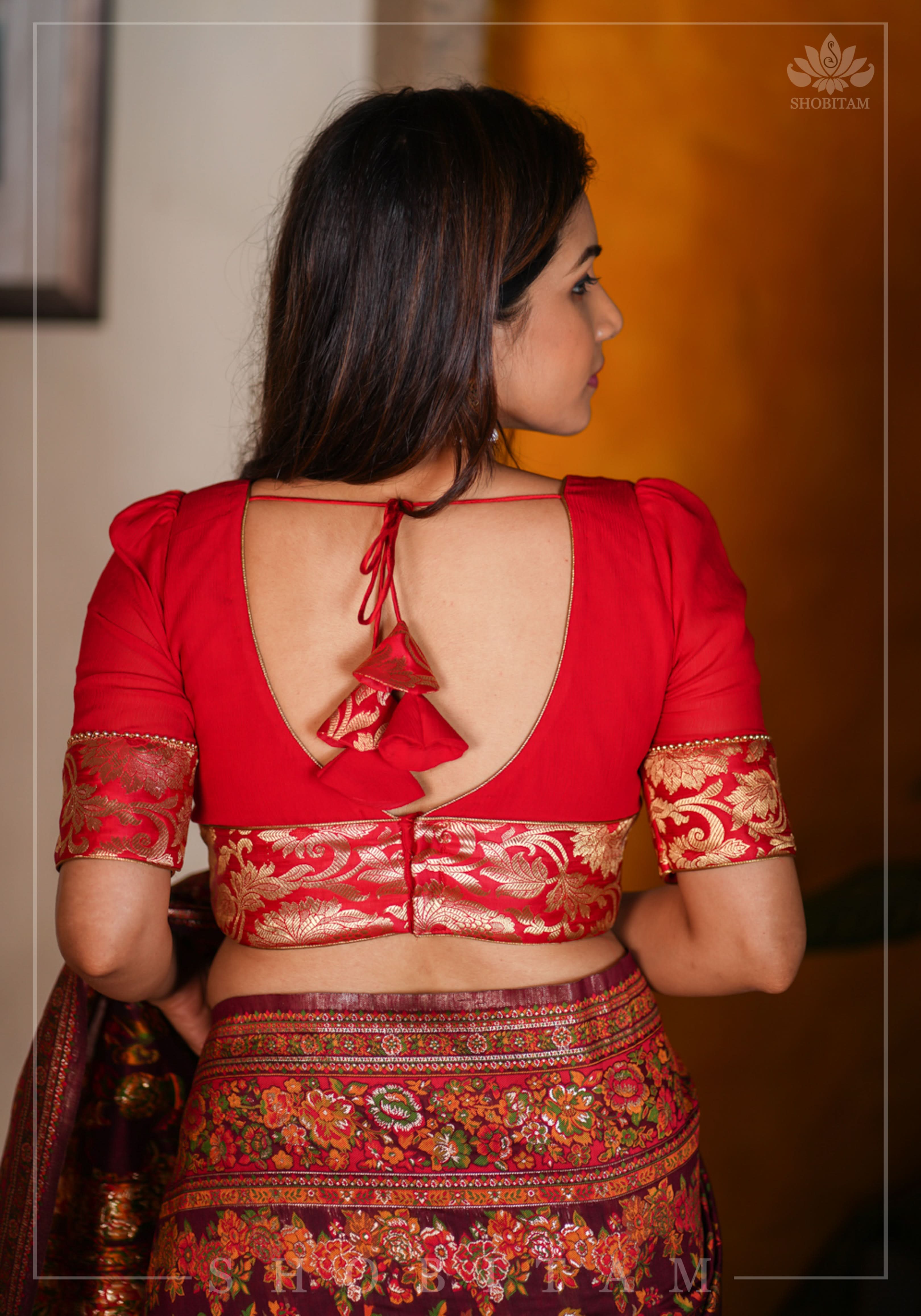 Red Chiffon Blouse with Brocade detailing | Shobitam