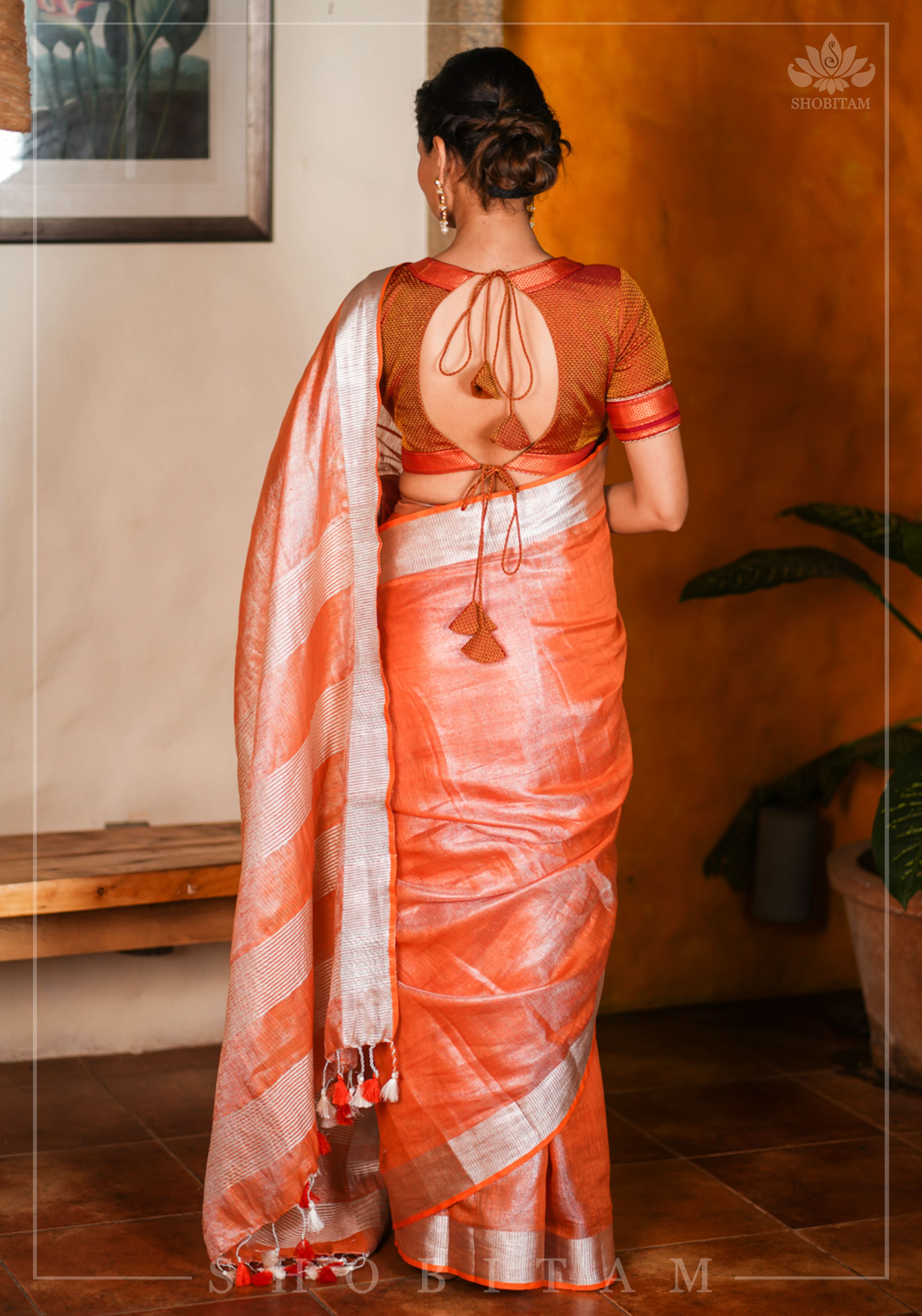 Burnt Orange and Silver Tissue by Linen Saree | Shobitam