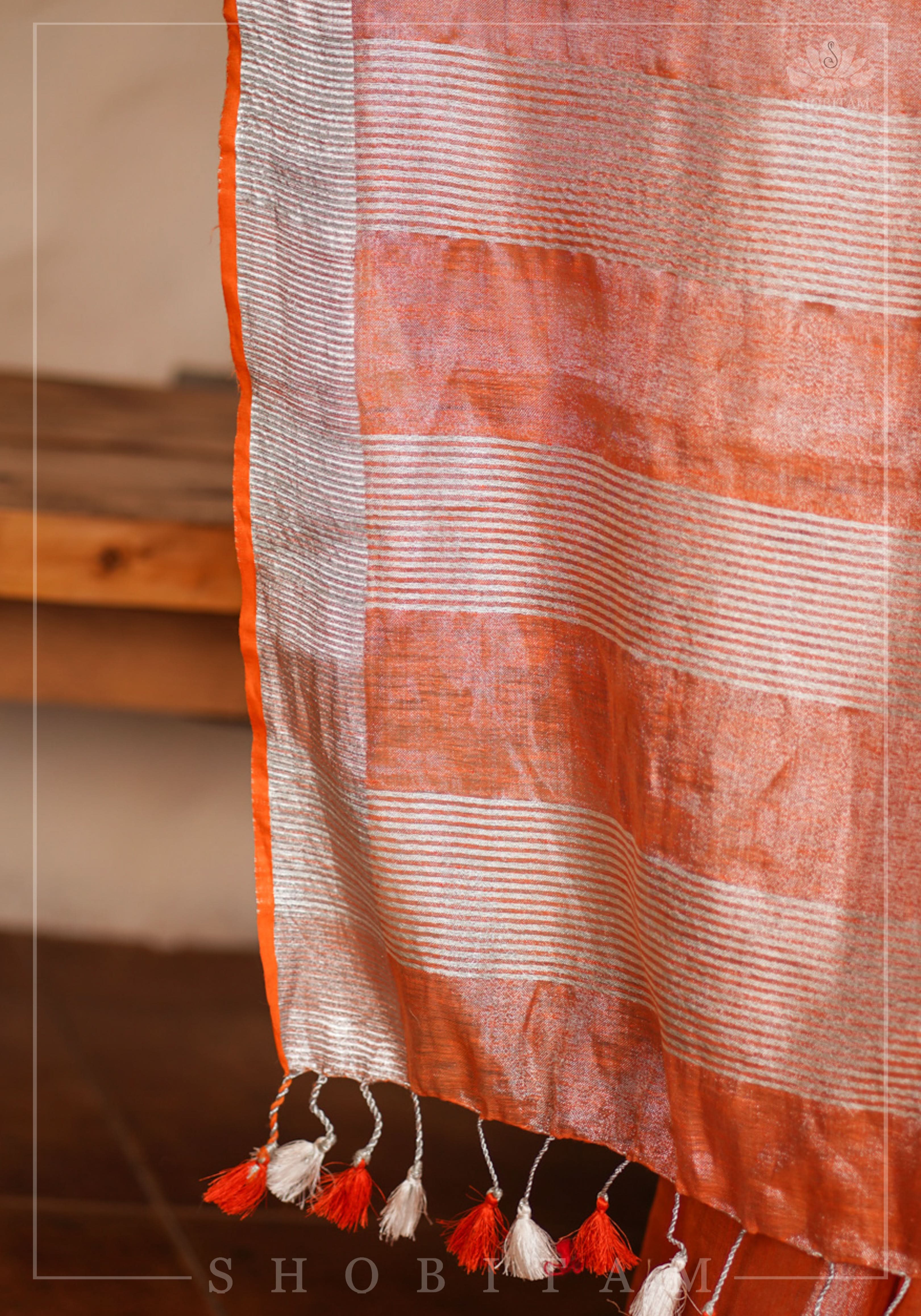 Burnt Orange and Silver Tissue by Linen Saree | Shobitam