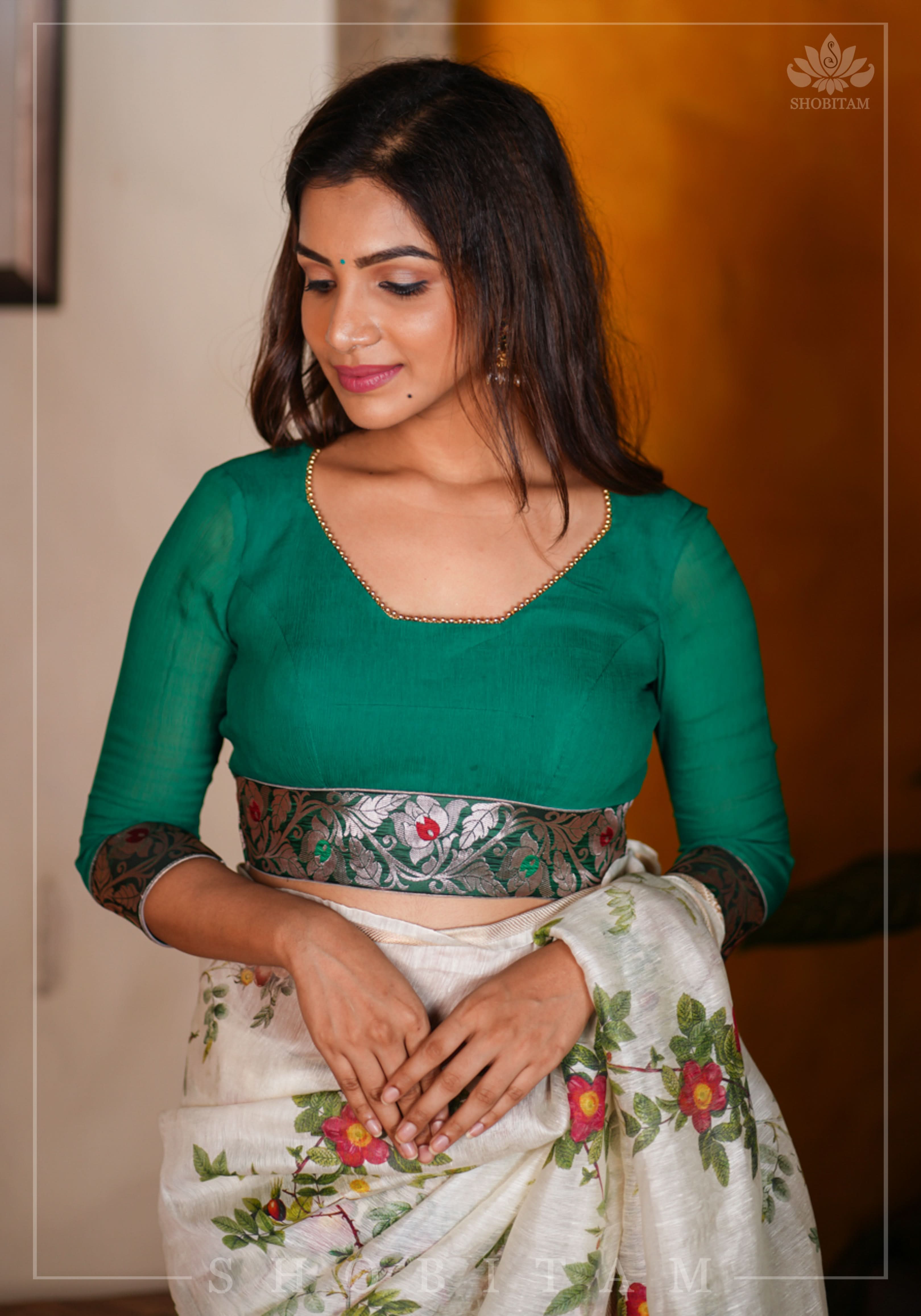 Rama green pure chiffon blouse with brocade detailing and sheer sleeves | Shobitam