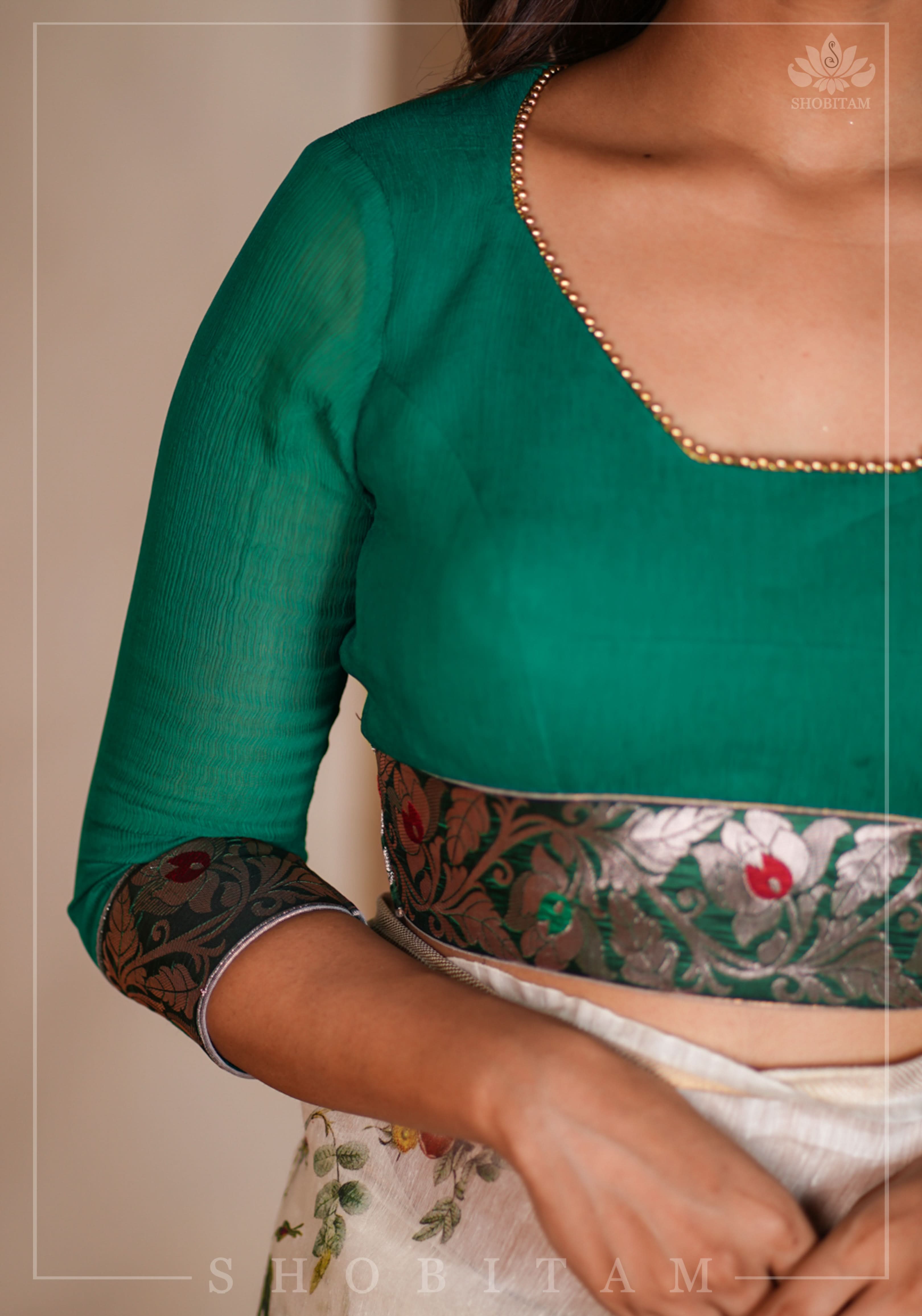 Rama green pure chiffon blouse with brocade detailing and sheer sleeves | Shobitam