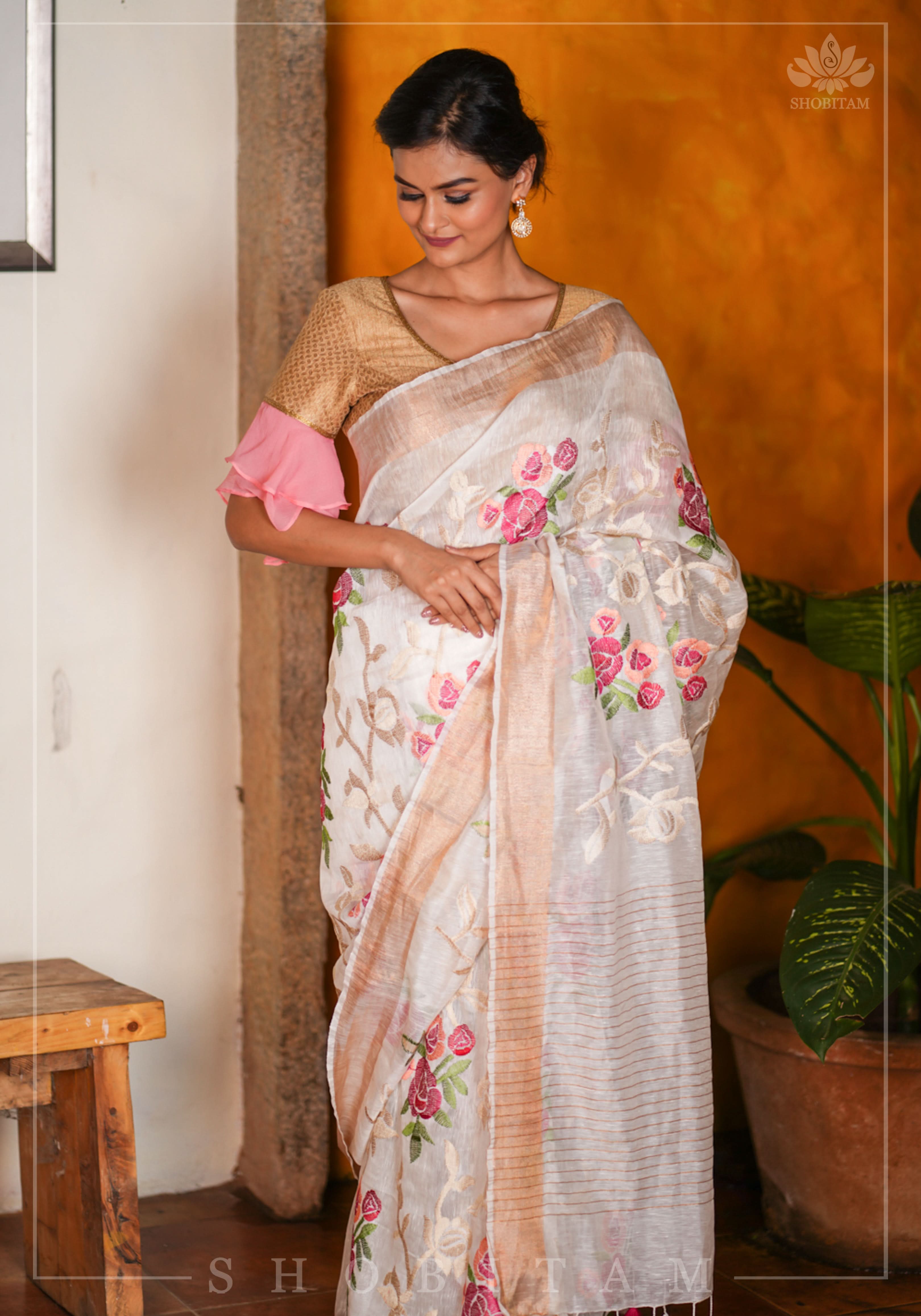 Silk Linen Roses Embroidery Saree - White with Zari Border | Shobitam