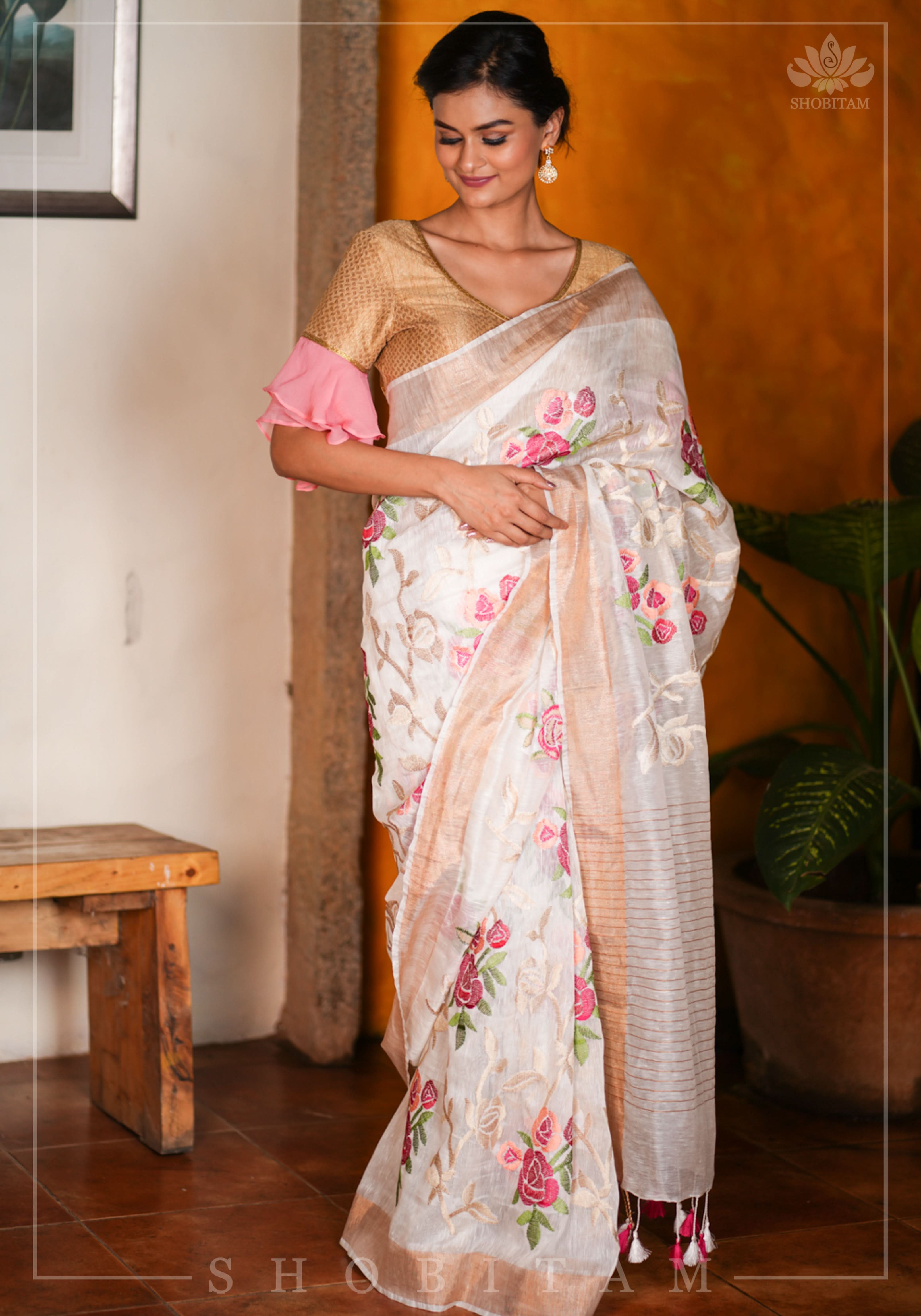 Silk Linen Roses Embroidery Saree - White with Zari Border | Shobitam
