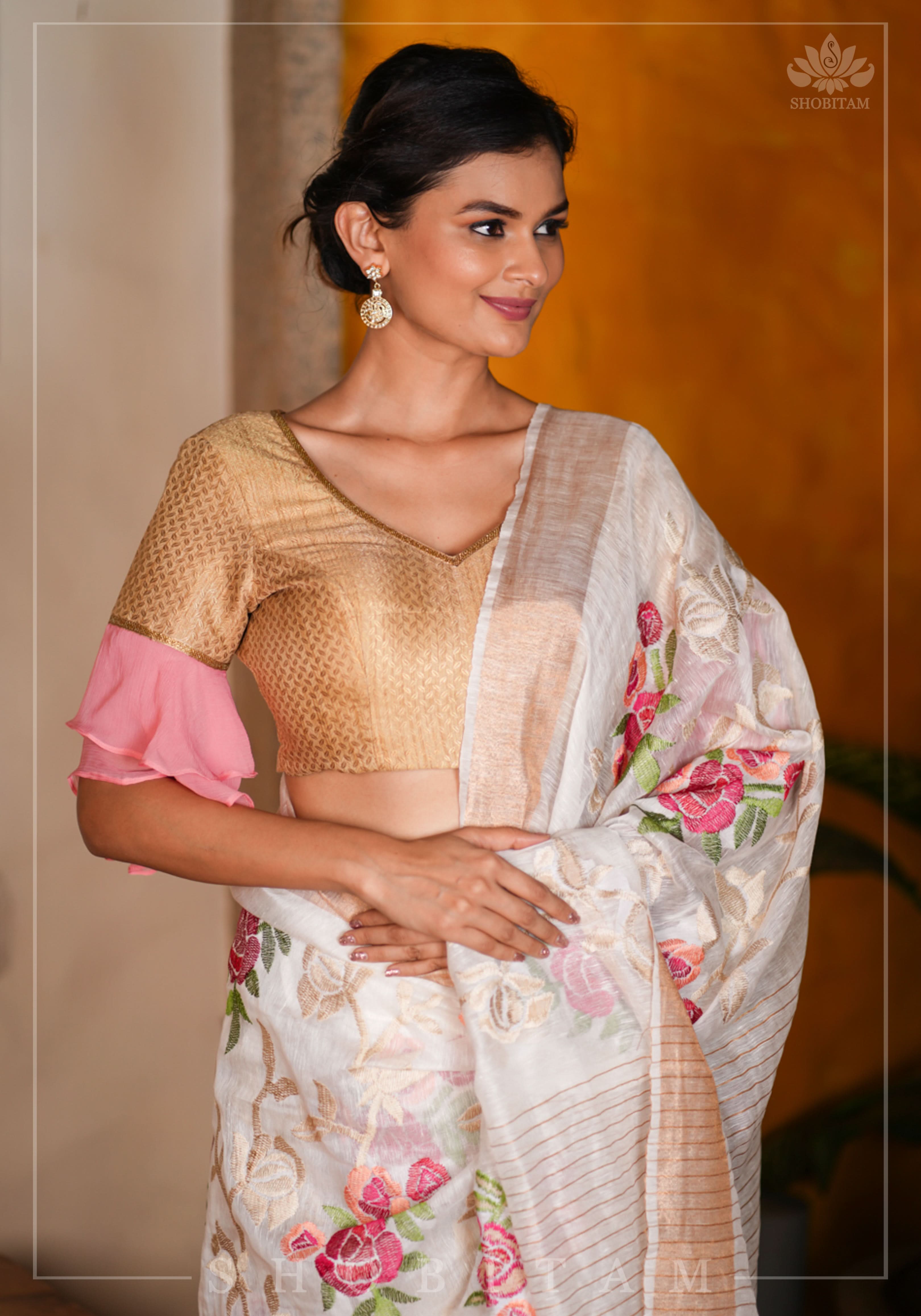 Gold brocade & peach pink chiffon ruffle V neck blouse | Shobitam