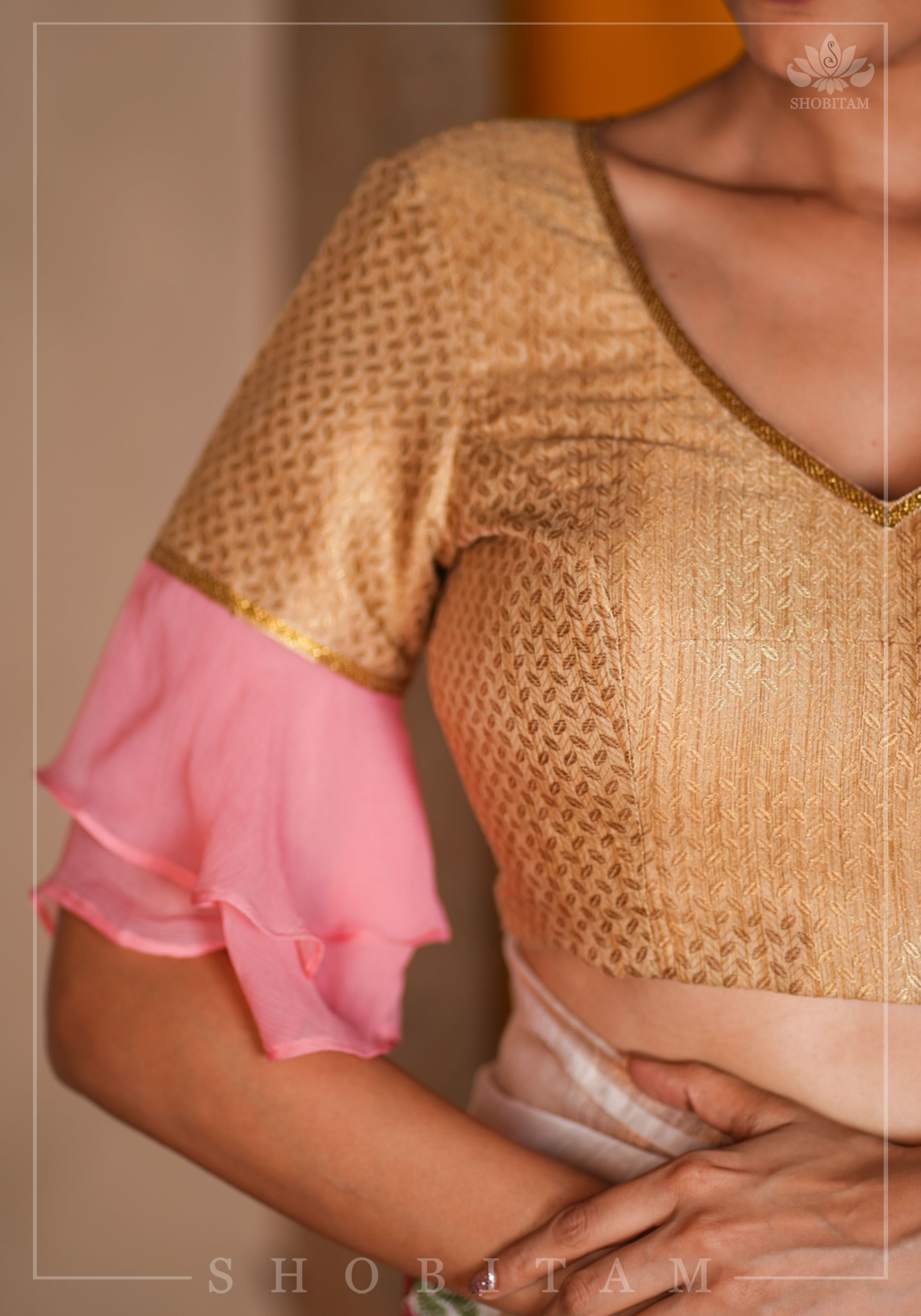 Gold brocade & peach pink chiffon ruffle V neck blouse | Shobitam