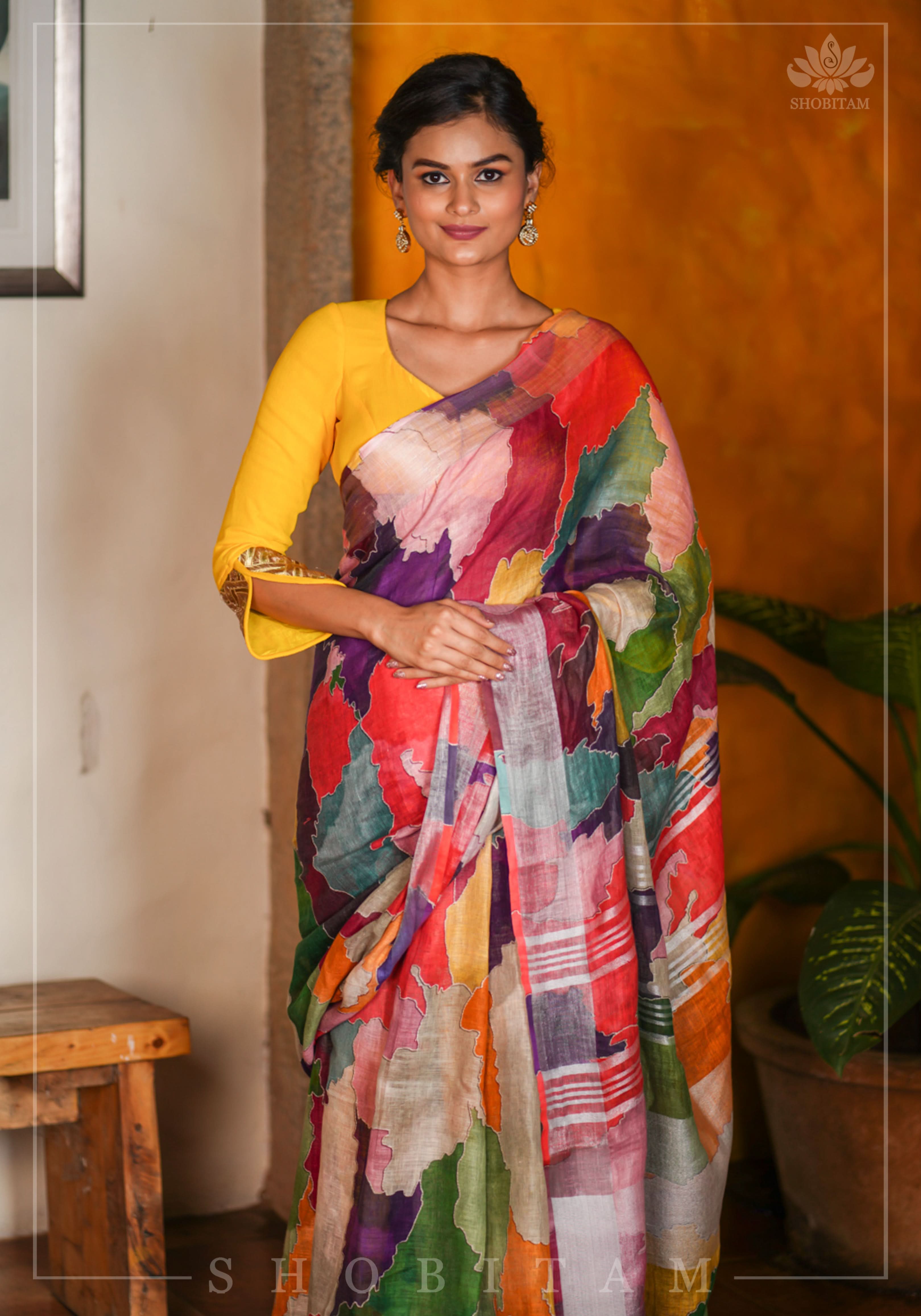 Abstract Print Multicolor Linen by Linen Saree with Zari Border