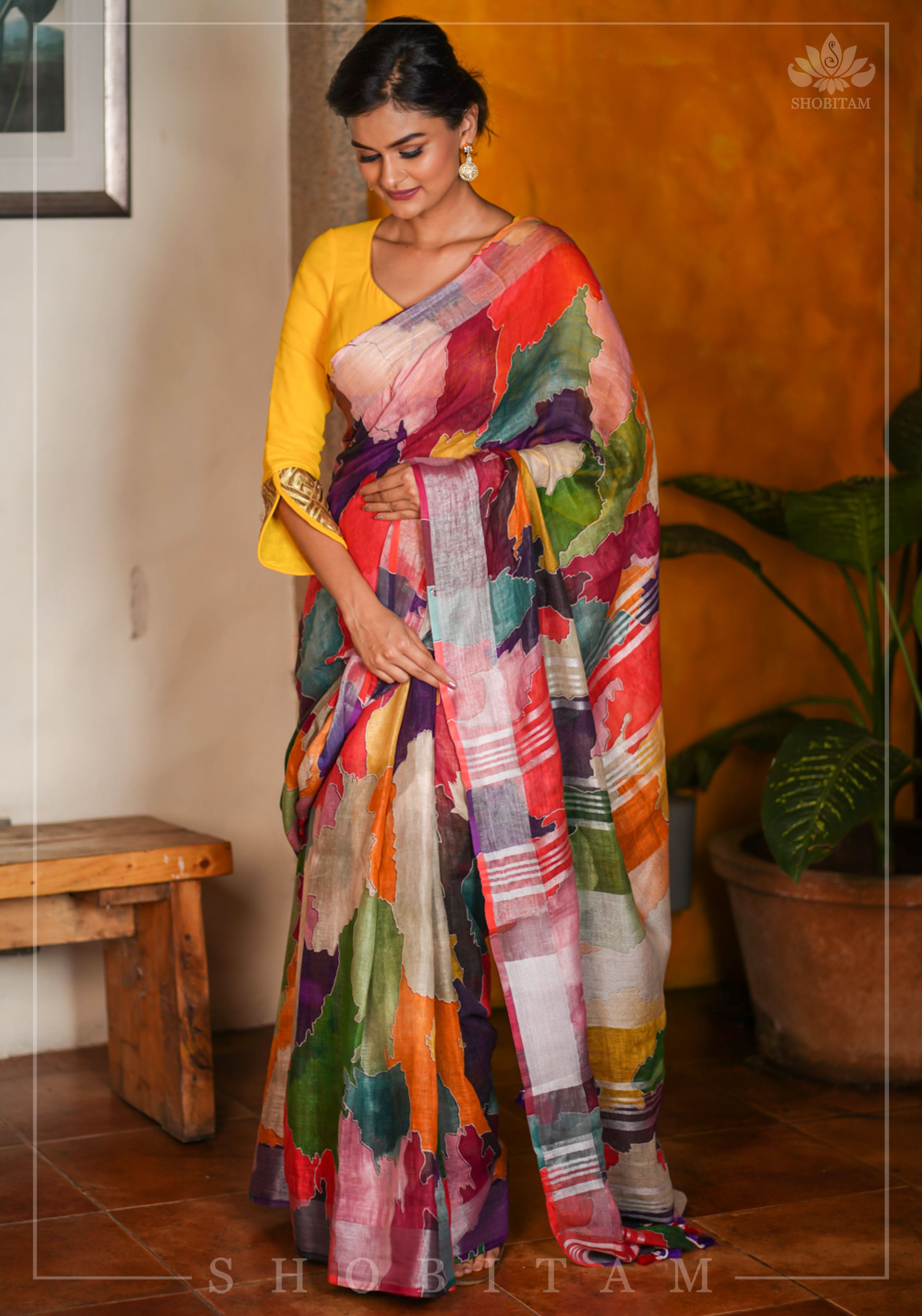 Abstract Print Multicolor Linen by Linen Saree with Zari Border