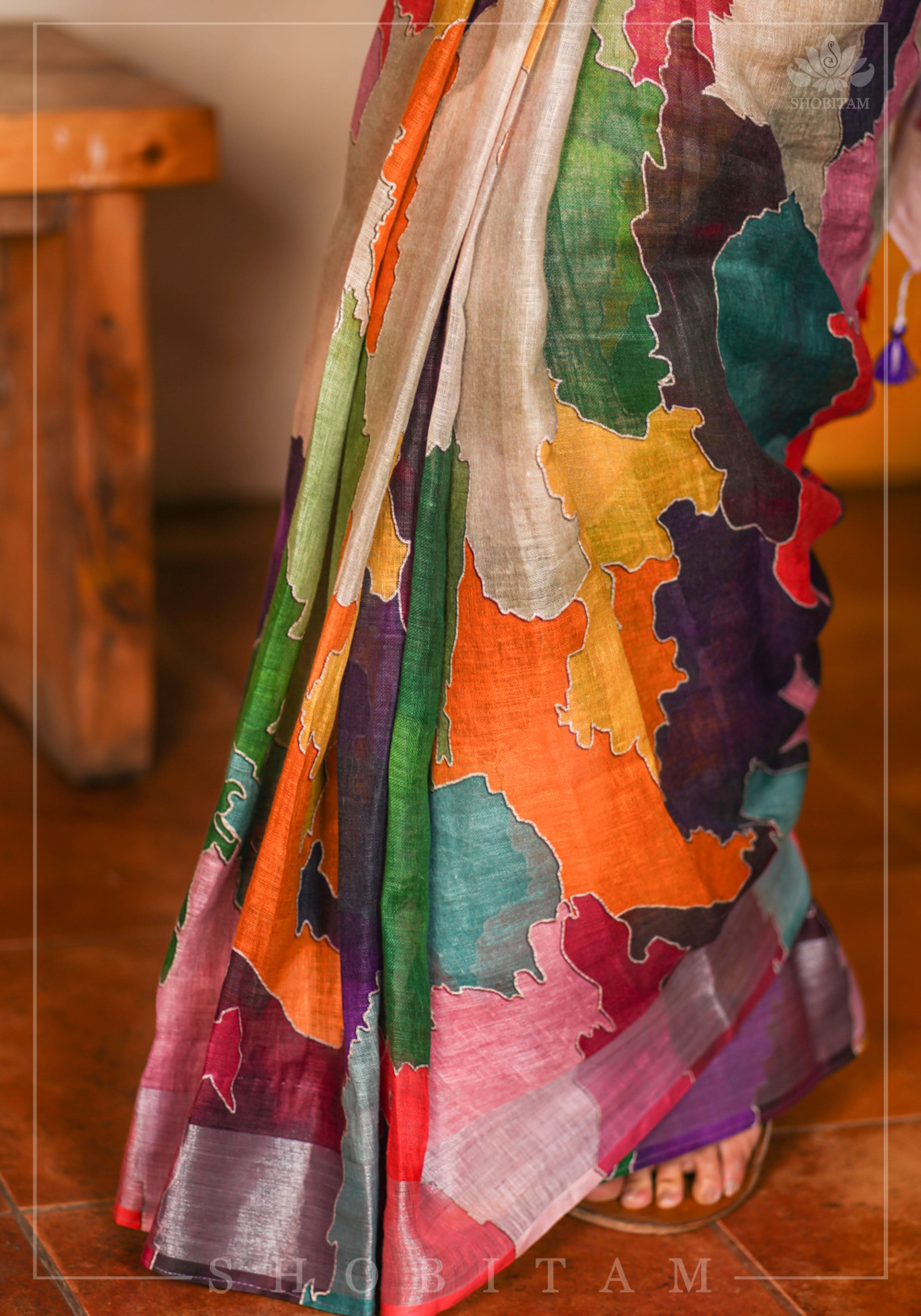 Abstract Print Multicolor Linen by Linen Saree with Zari Border