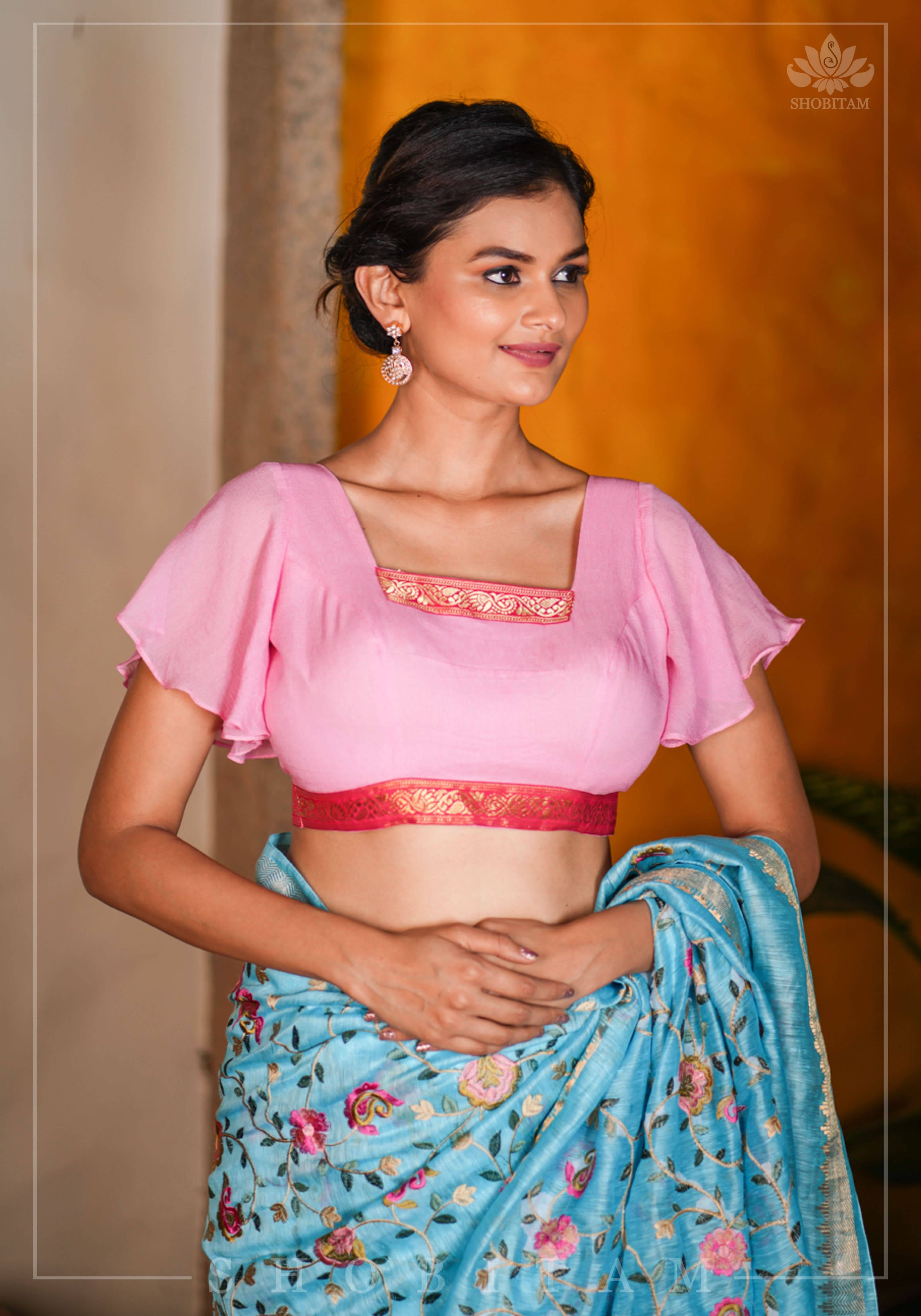 Pink Ruffle Sleeves Blouse in Chiffon with Zari detailing | Shobitam