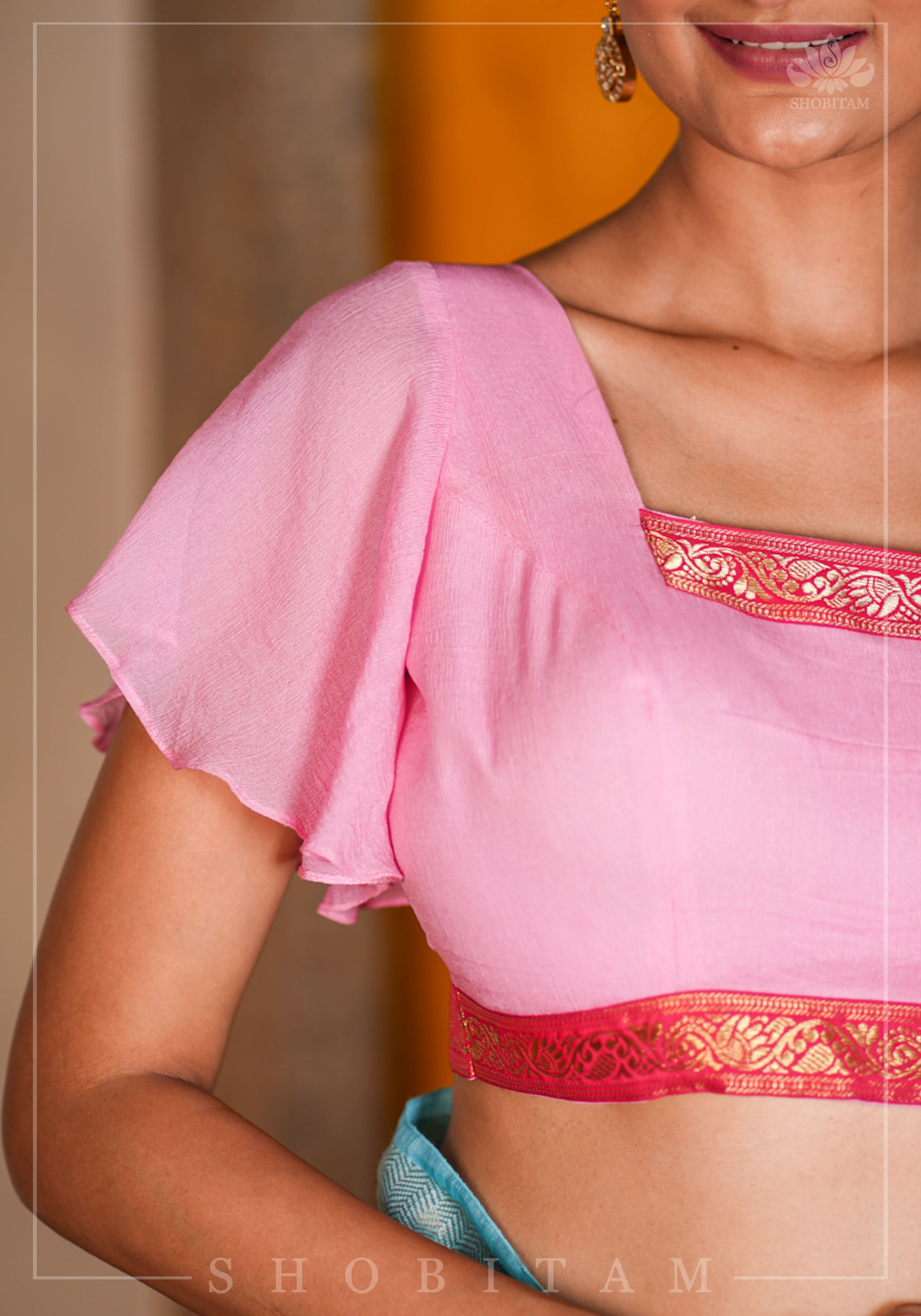 Pink Ruffle Sleeves Blouse in Chiffon with Zari detailing | Shobitam
