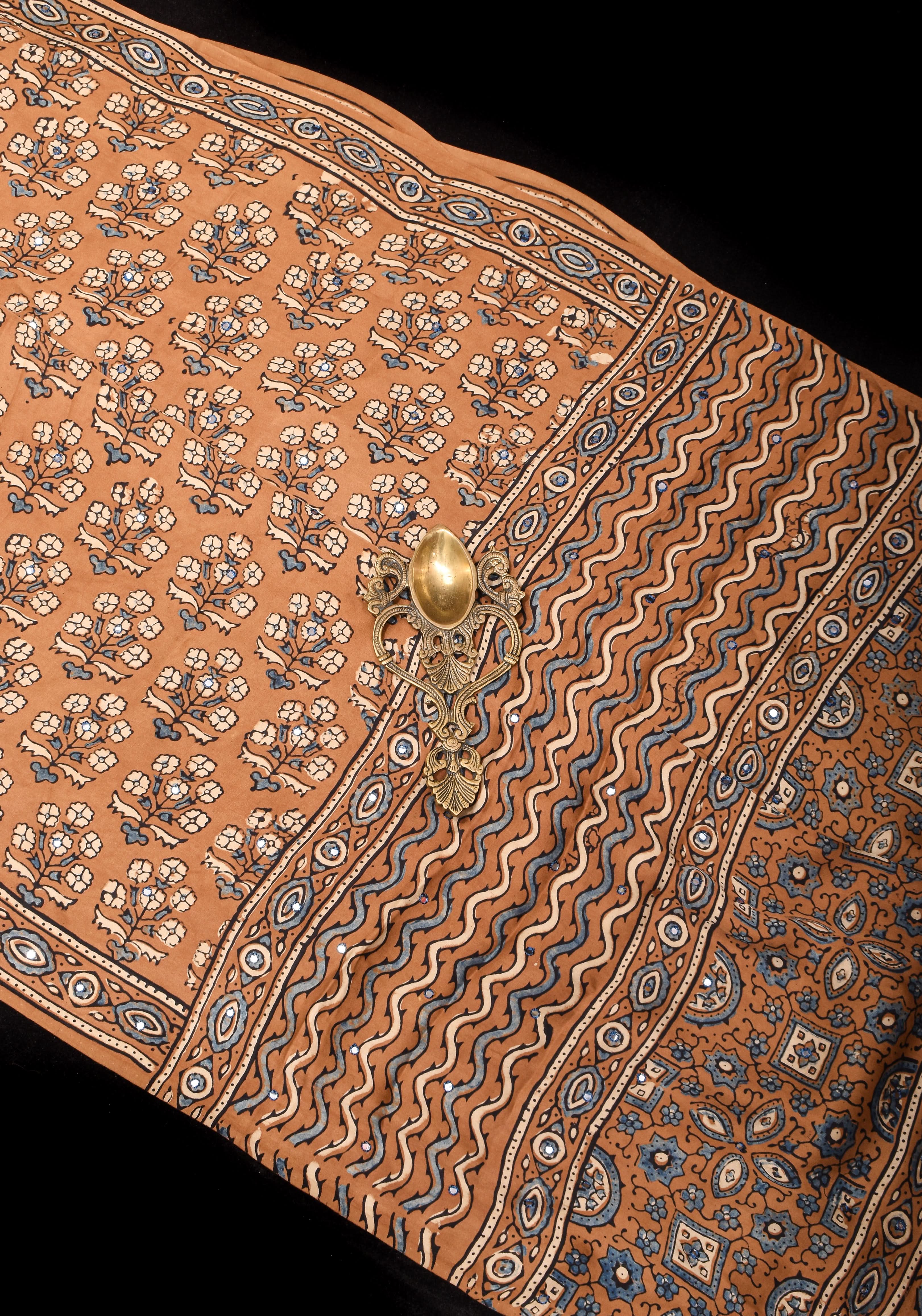 Camel Brown Ajrakh Block Print Modal Saree with Floral Print Pattern and Mirror Hand embroidery work | Shobitam