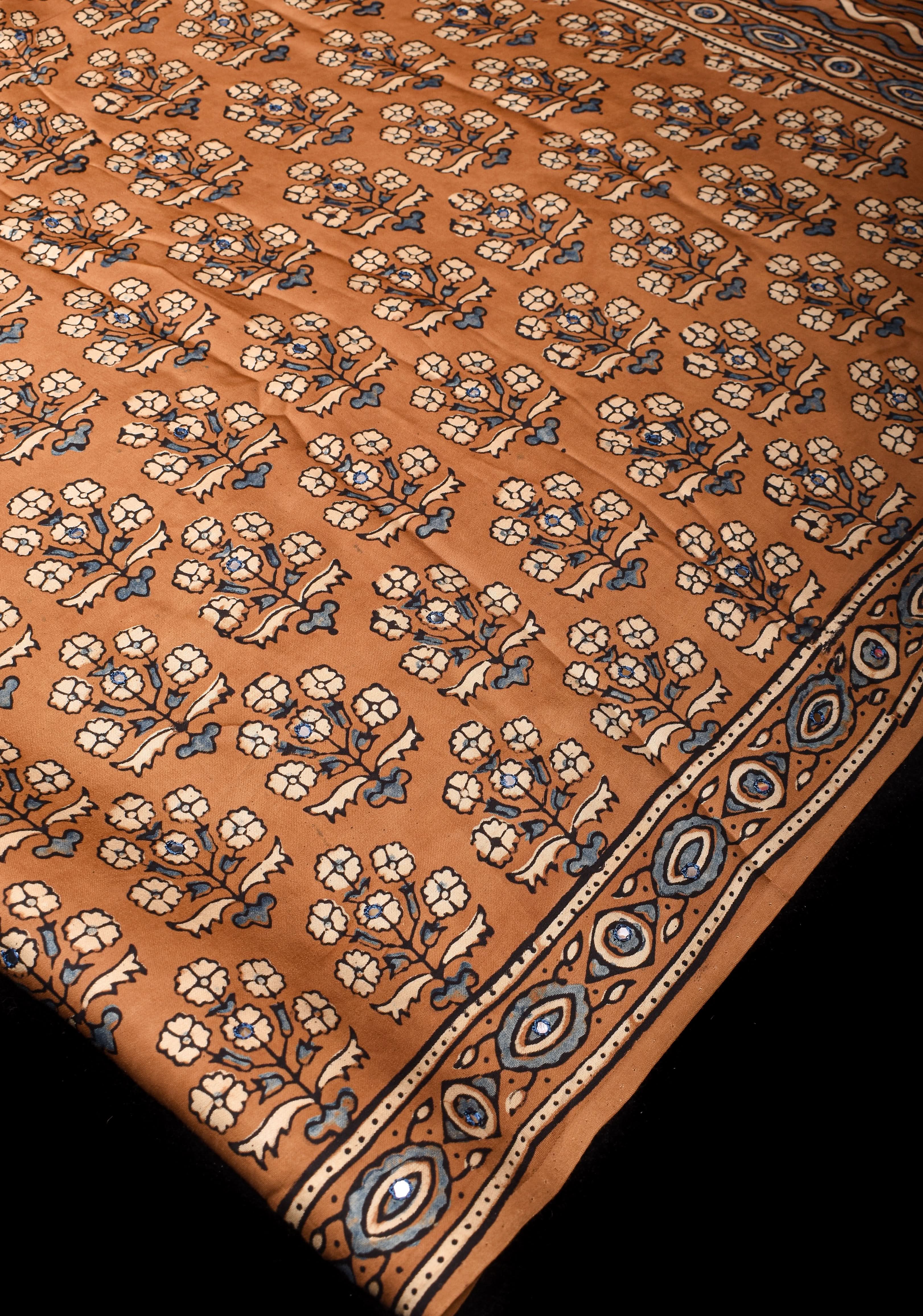 Camel Brown Ajrakh Block Print Modal Saree with Floral Print Pattern and Mirror Hand embroidery work | Shobitam