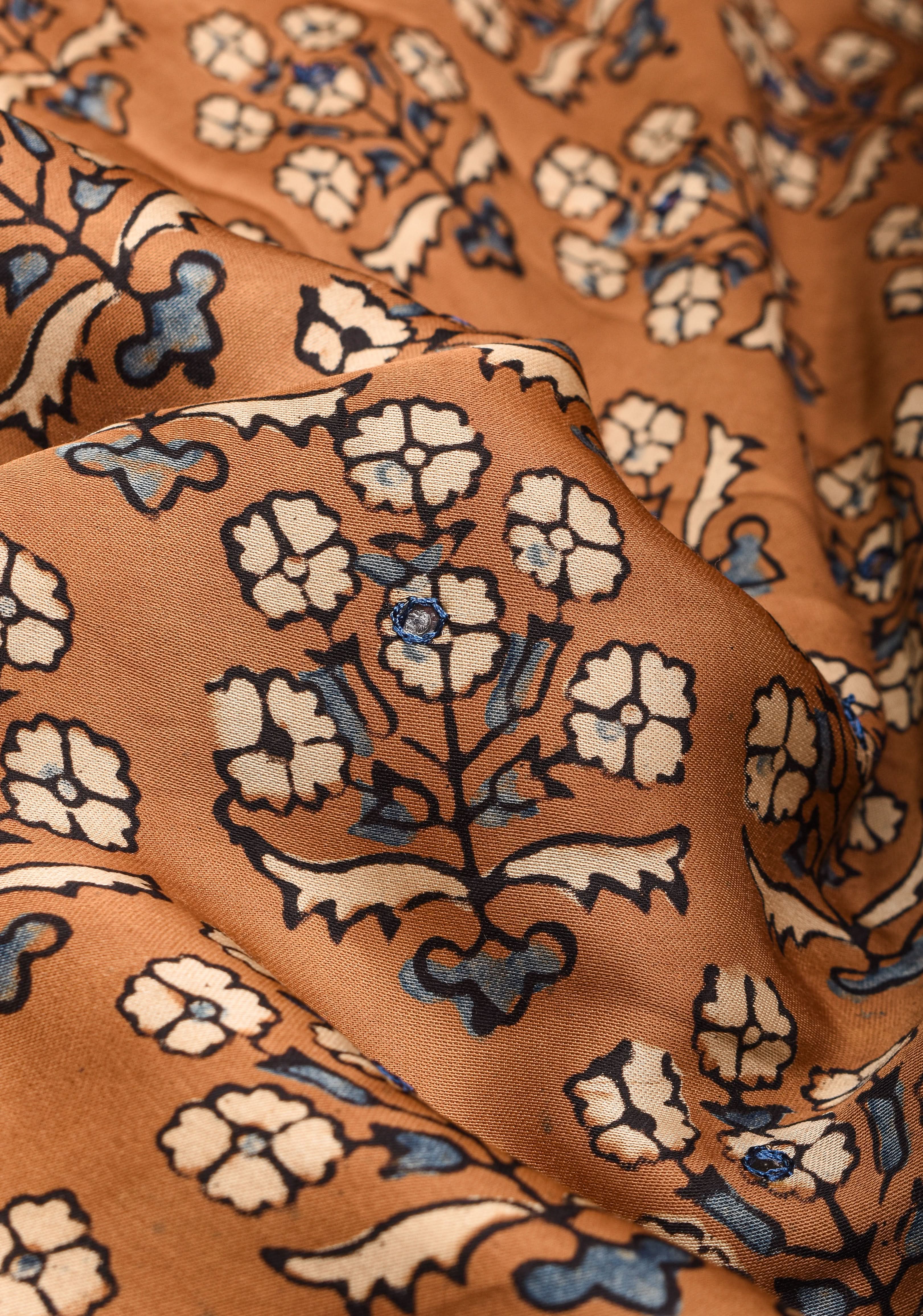 Camel Brown Ajrakh Block Print Modal Saree with Floral Print Pattern and Mirror Hand embroidery work | Shobitam