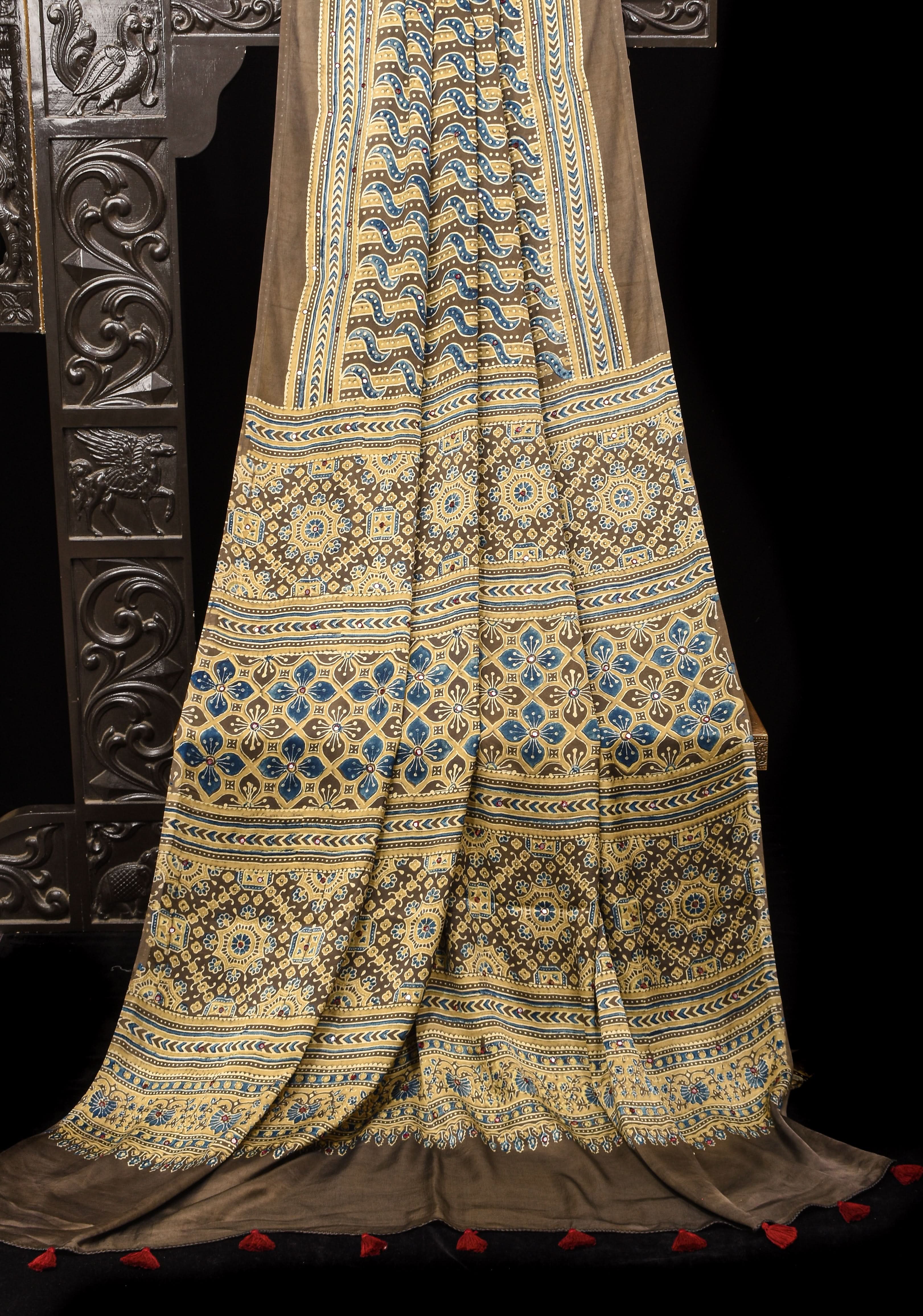 Dull Brown Ajrakh Block Print Modal Saree with Abstract Pattern and Mirror Hand embroidery work | Shobitam