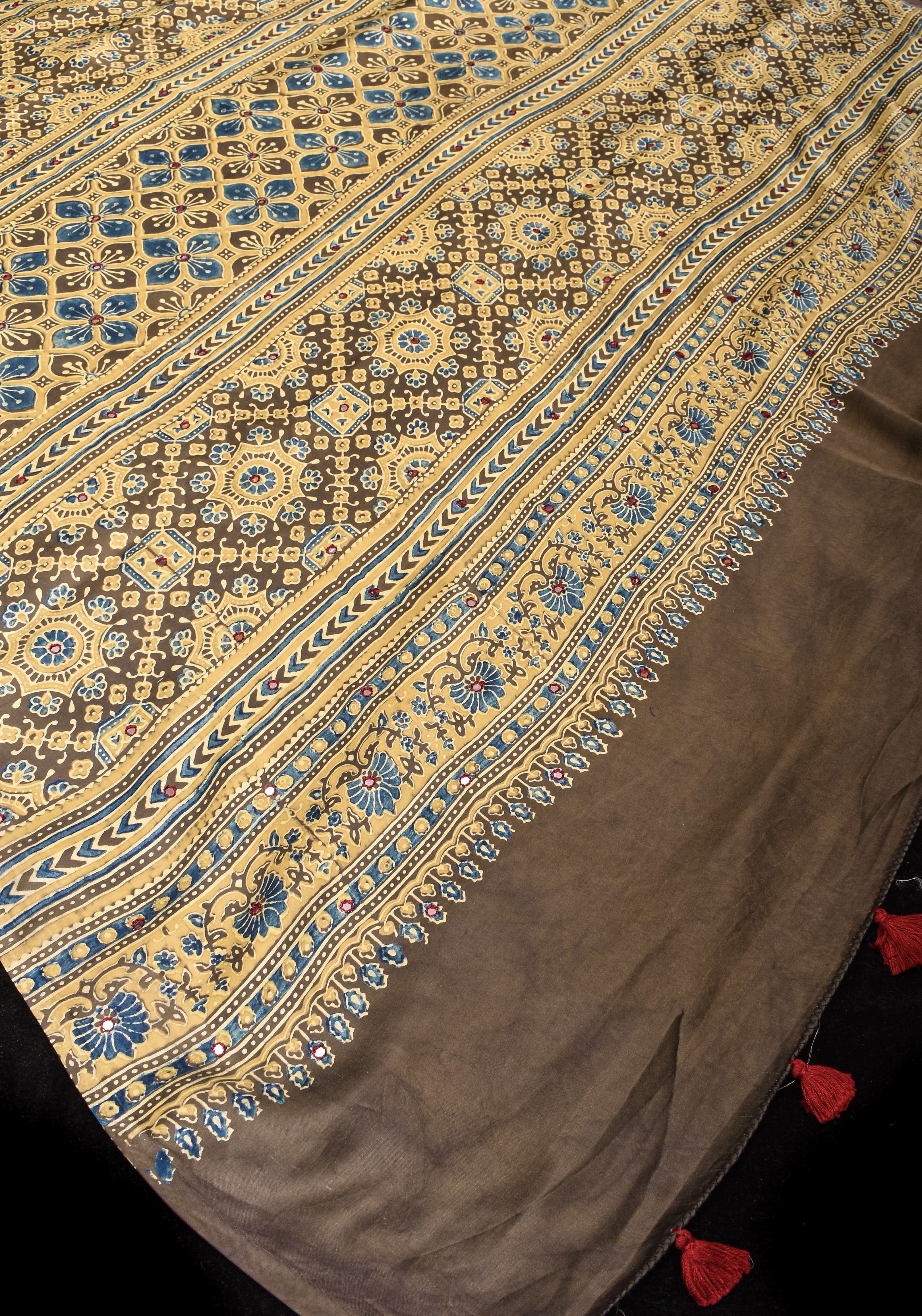 Dull Brown Ajrakh Block Print Modal Saree with Abstract Pattern and Mirror Hand embroidery work | Shobitam