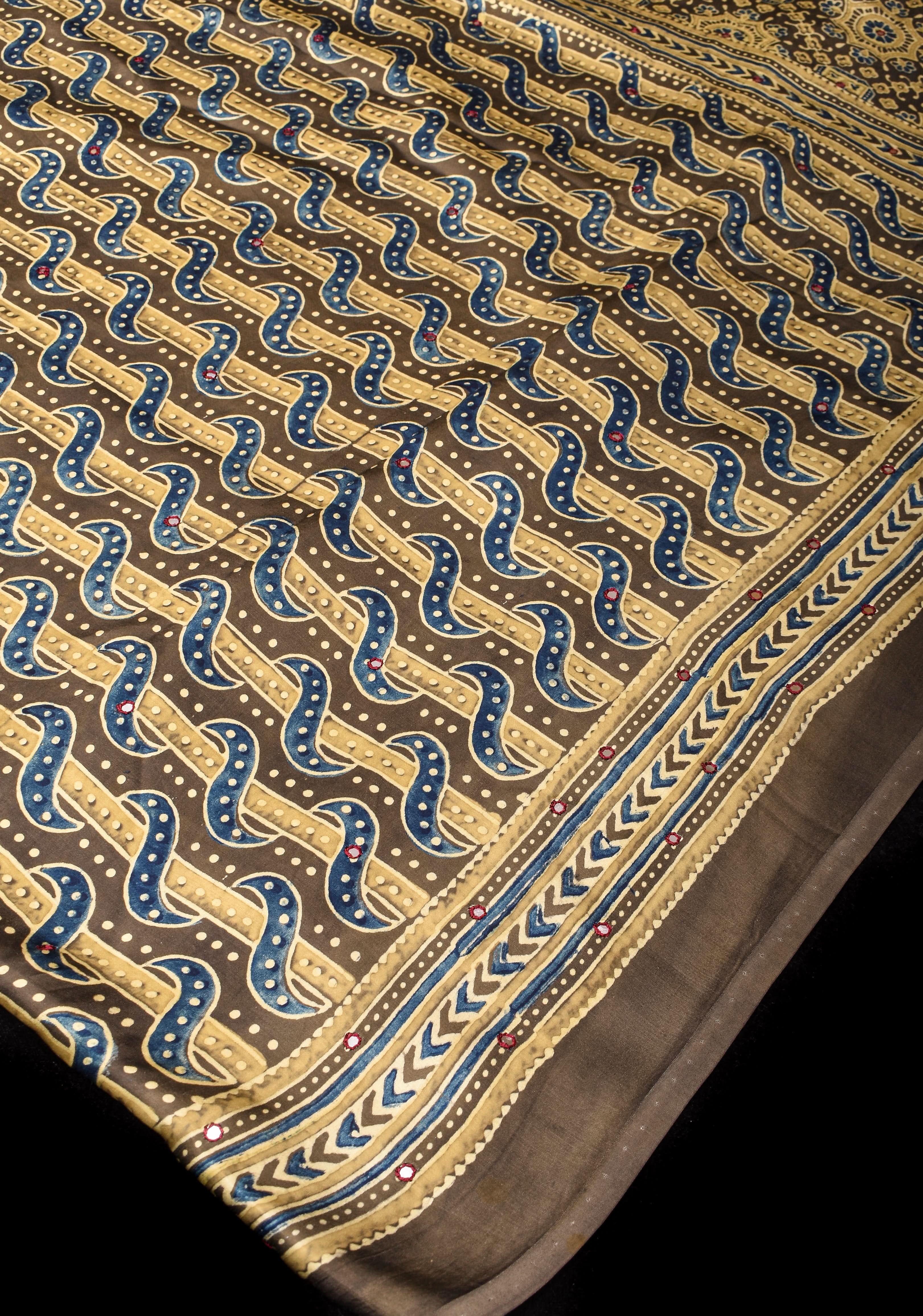 Dull Brown Ajrakh Block Print Modal Saree with Abstract Pattern and Mirror Hand embroidery work | Shobitam