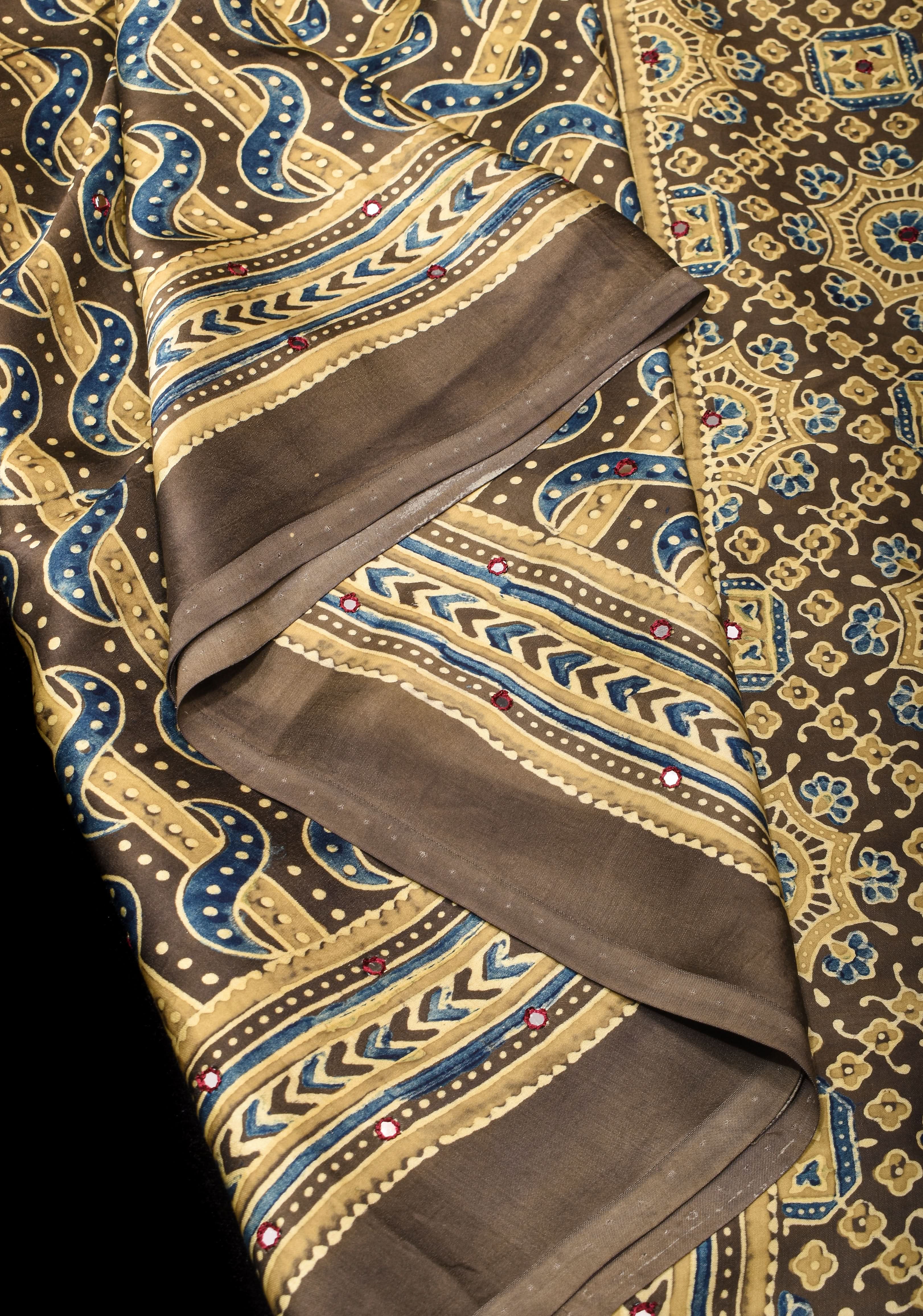 Dull Brown Ajrakh Block Print Modal Saree with Abstract Pattern and Mirror Hand embroidery work | Shobitam