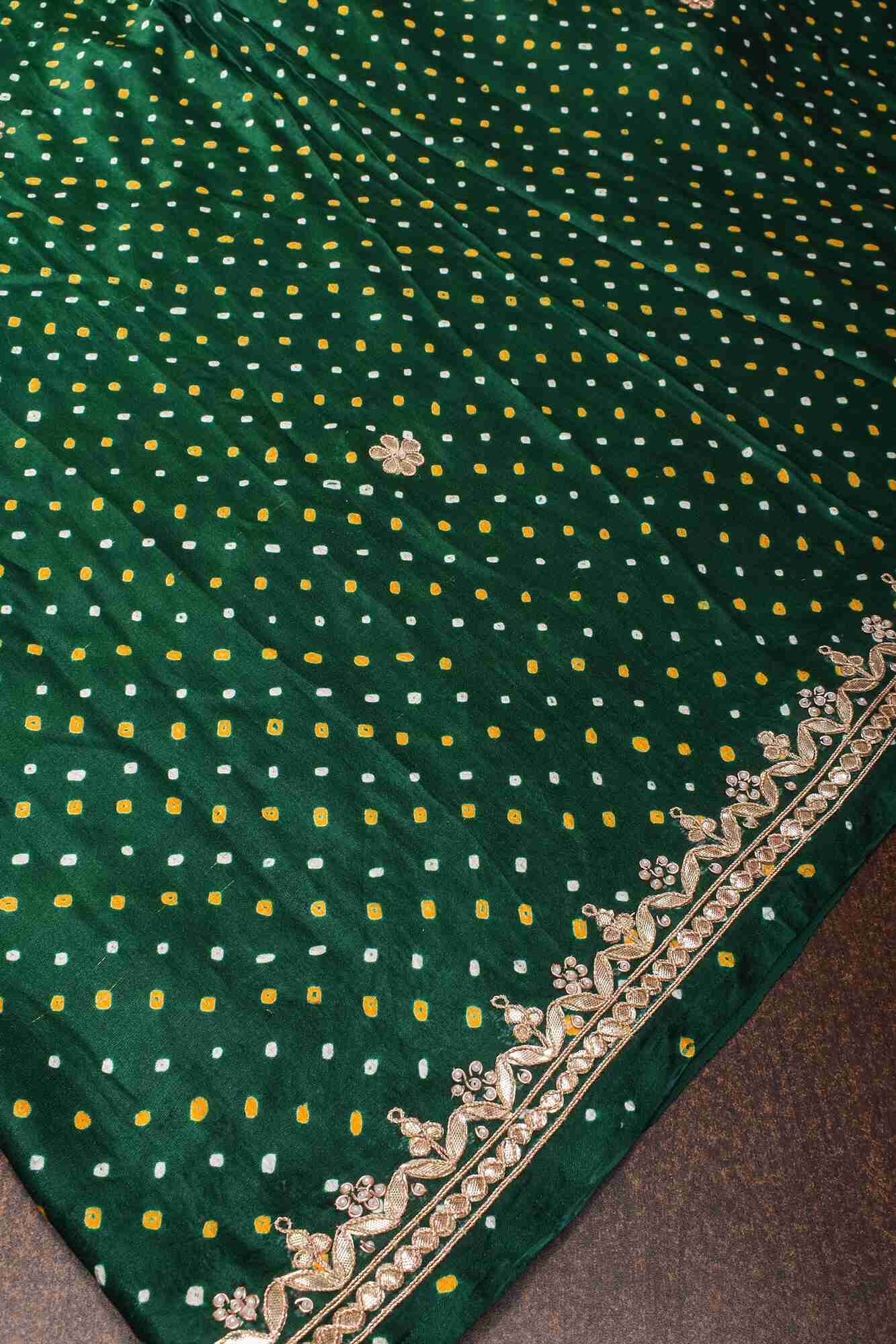 Pre Drape Hand Bandhej - Bandhni on Bottle Green modal silk saree with crushed tissue pallu and gotta patti border