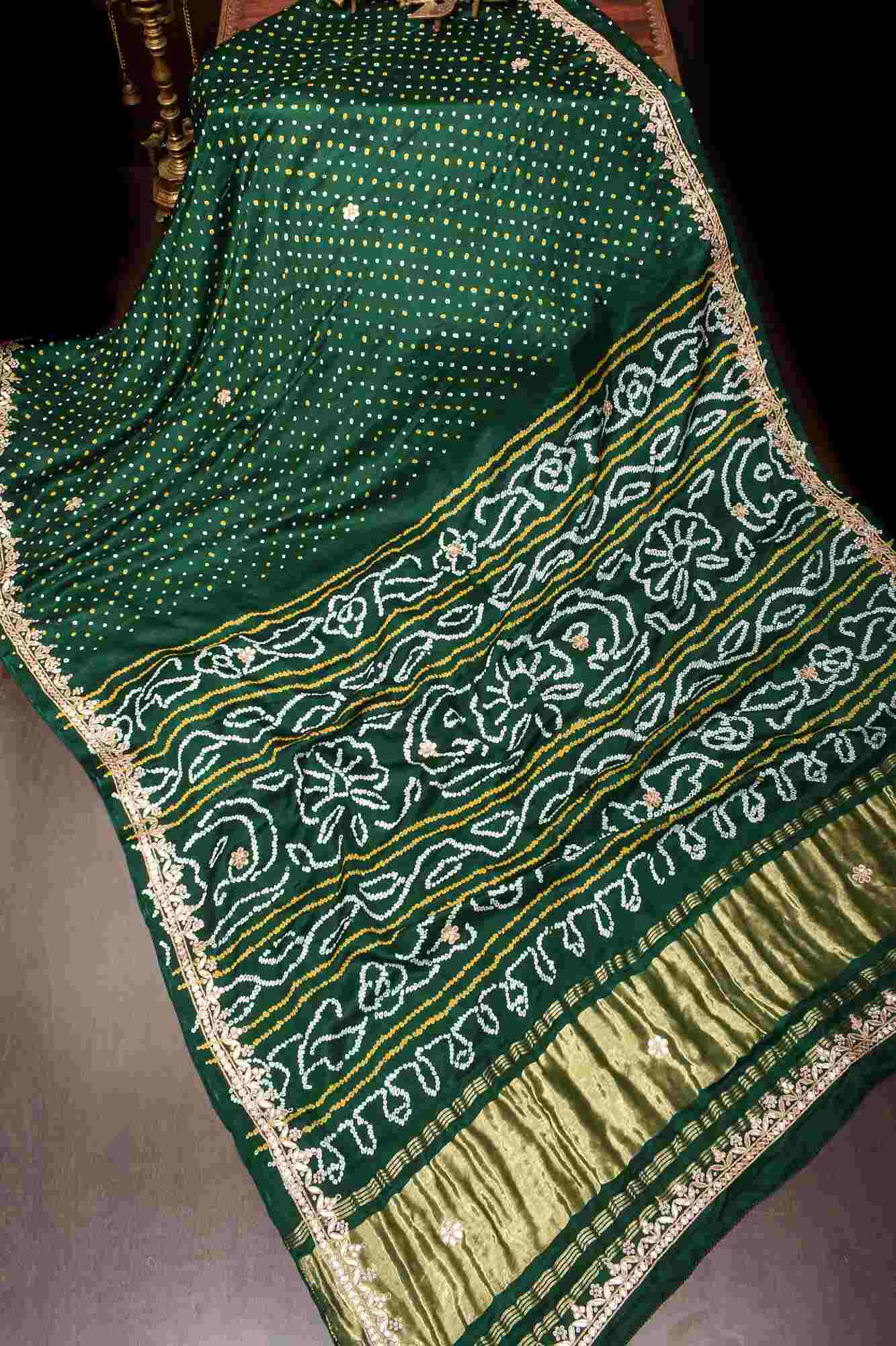 Pre Drape Hand Bandhej - Bandhni on Bottle Green modal silk saree with crushed tissue pallu and gotta patti border