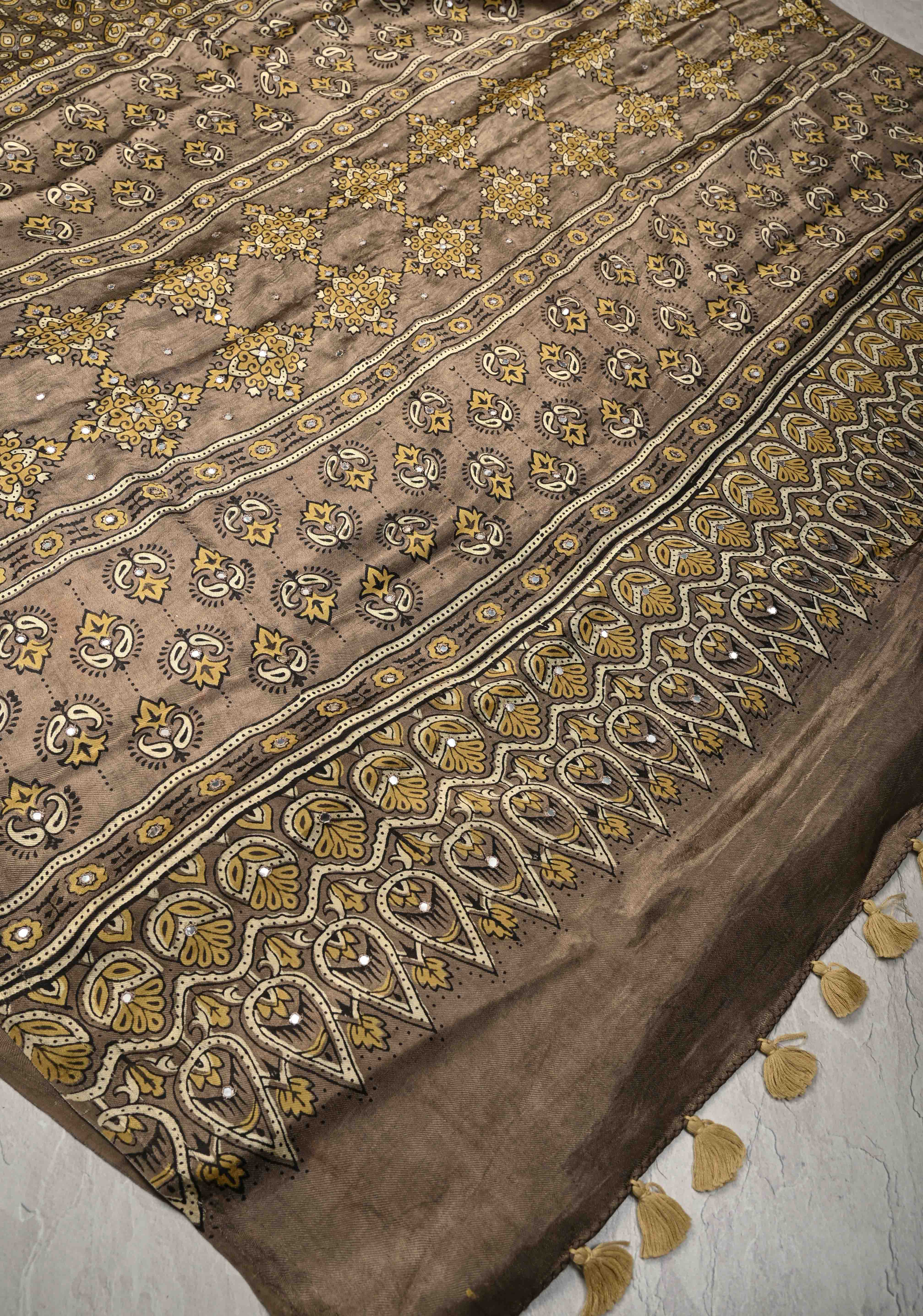 Authentic Ajrakh Hand Block Print in Gray Taupe Modal Silk Saree with Mirror Tikk Hand Work | Shobitam