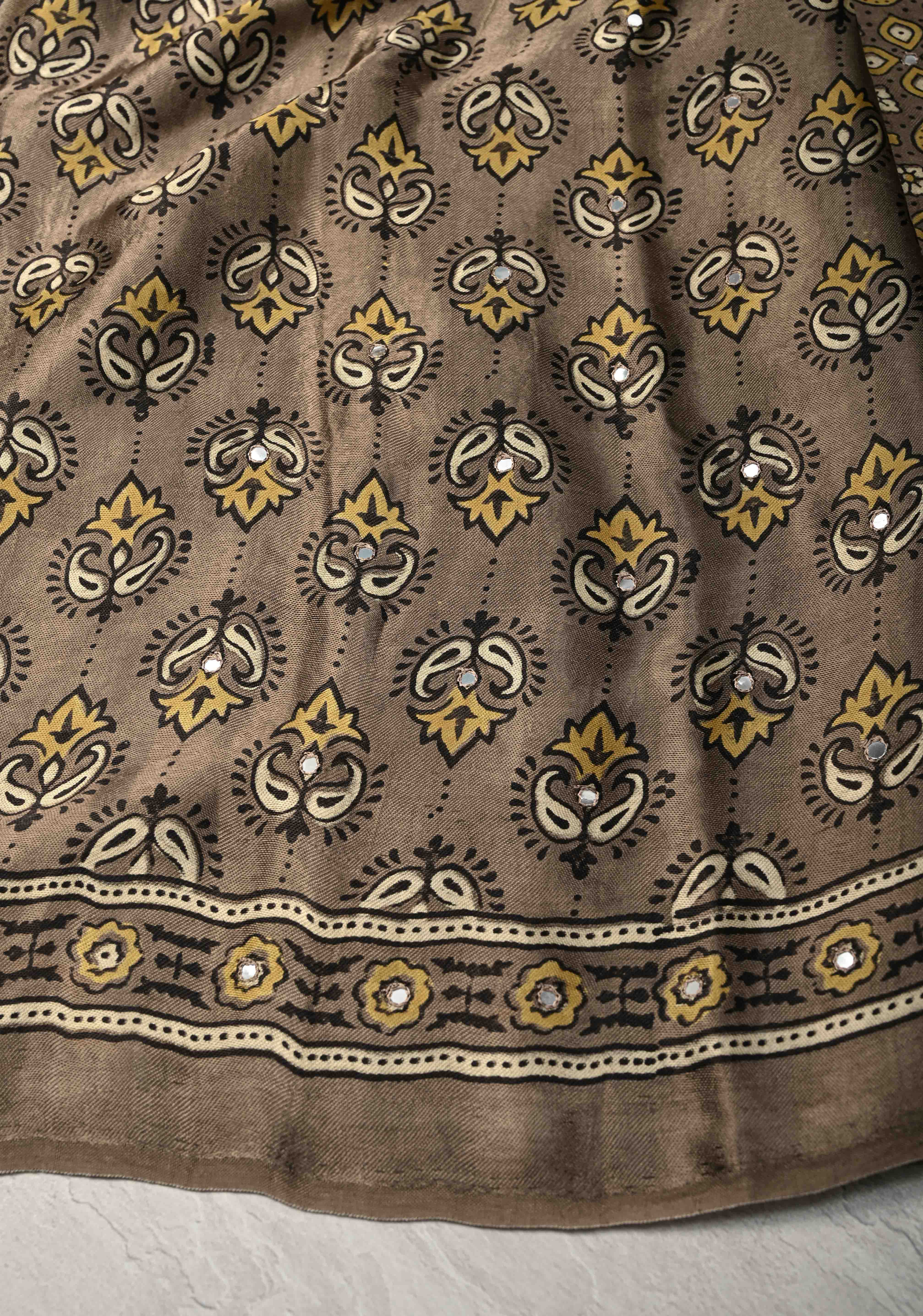 Authentic Ajrakh Hand Block Print in Gray Taupe Modal Silk Saree with Mirror Tikk Hand Work | Shobitam