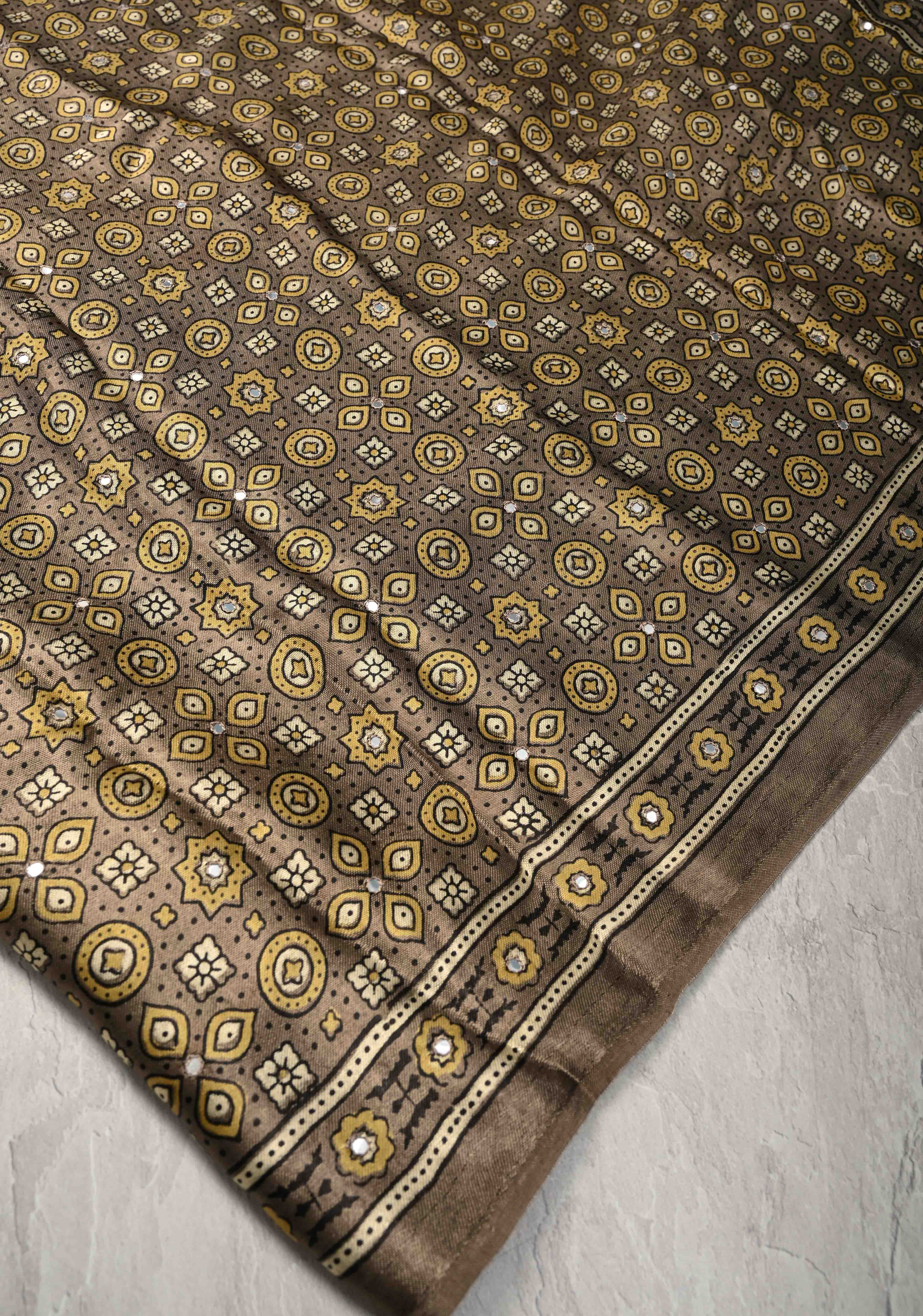 Authentic Ajrakh Hand Block Print in Gray Taupe Modal Silk Saree with Mirror Tikk Hand Work | Shobitam