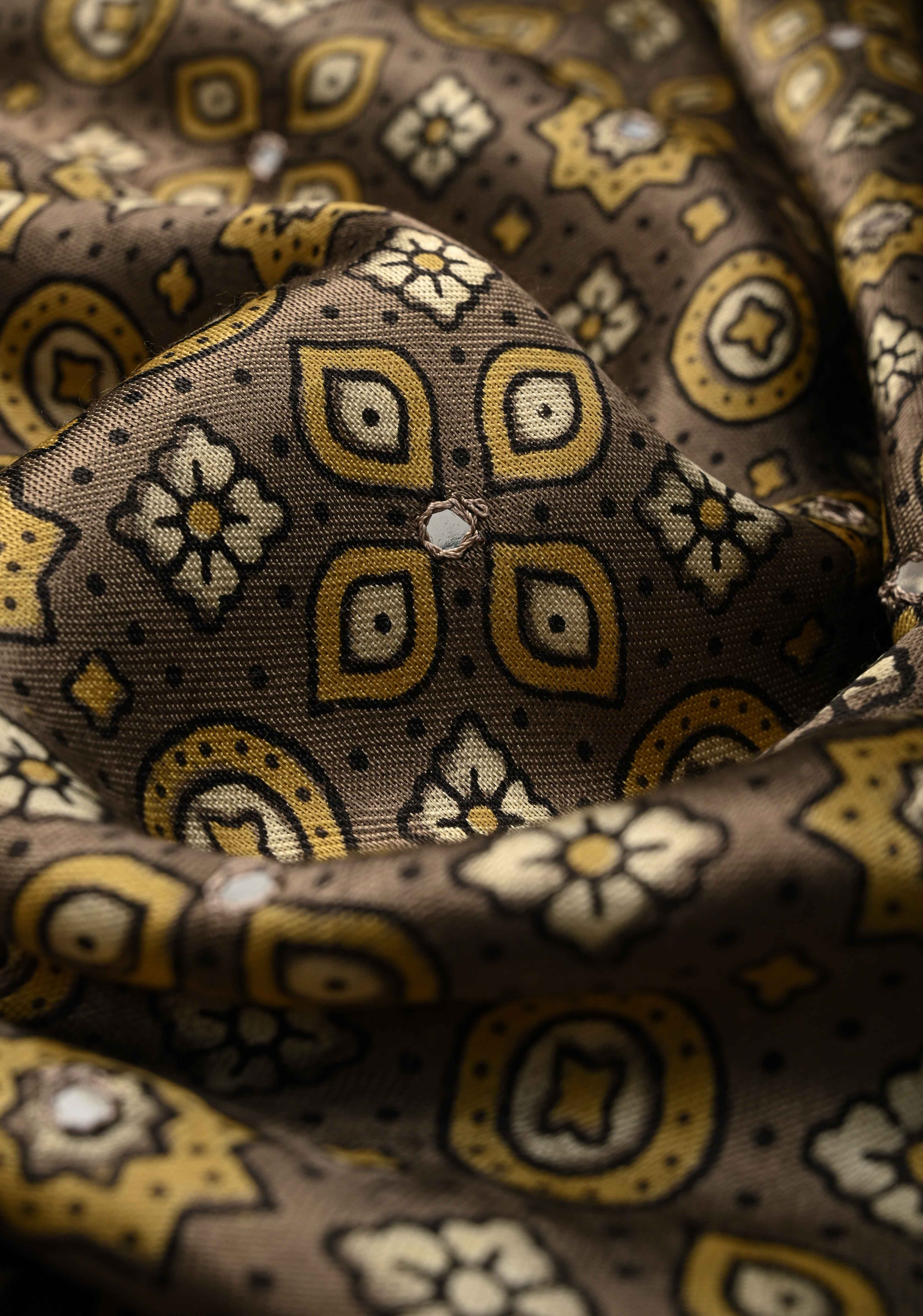 Authentic Ajrakh Hand Block Print in Gray Taupe Modal Silk Saree with Mirror Tikk Hand Work | Shobitam