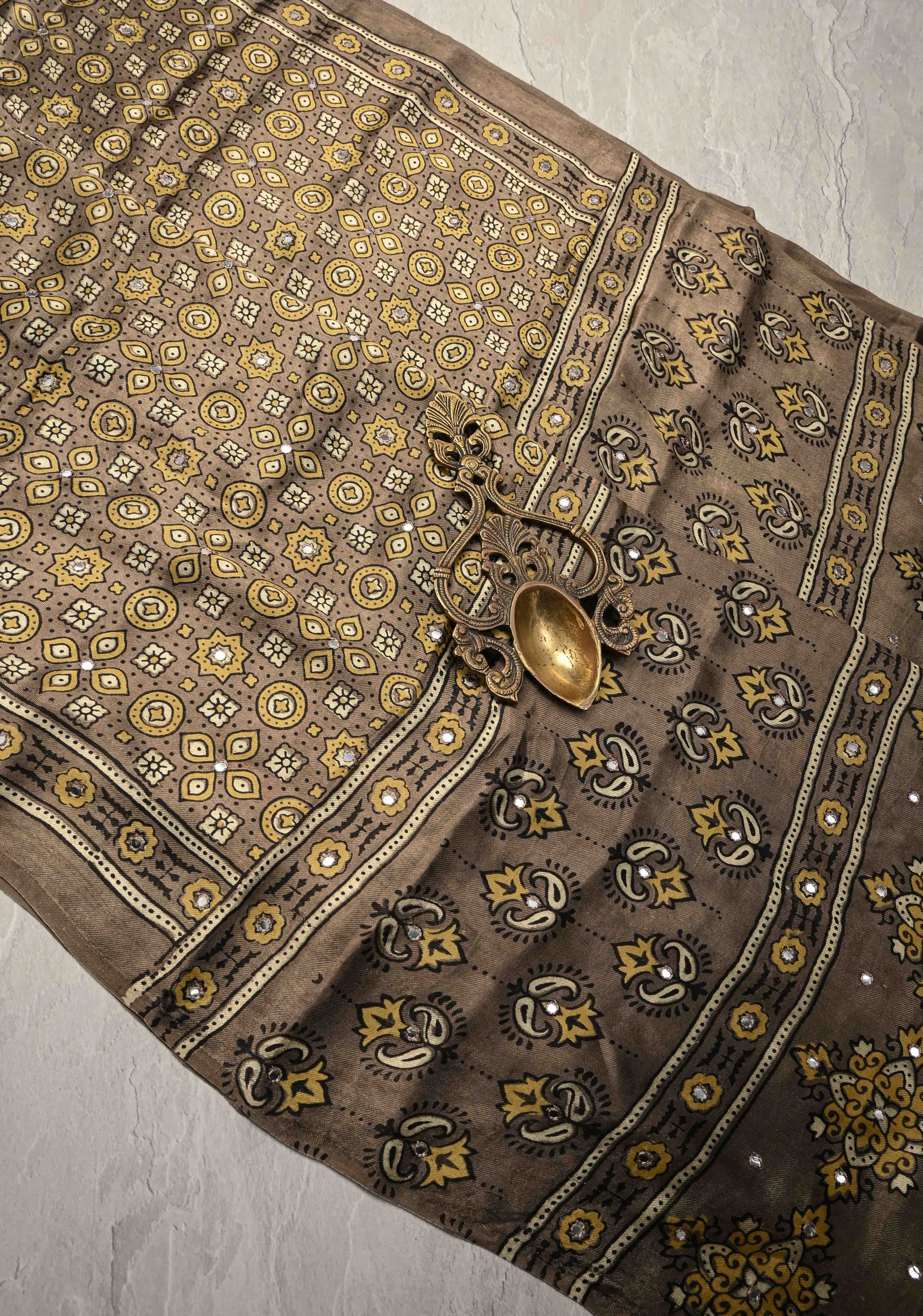 Authentic Ajrakh Hand Block Print in Gray Taupe Modal Silk Saree with Mirror Tikk Hand Work | Shobitam