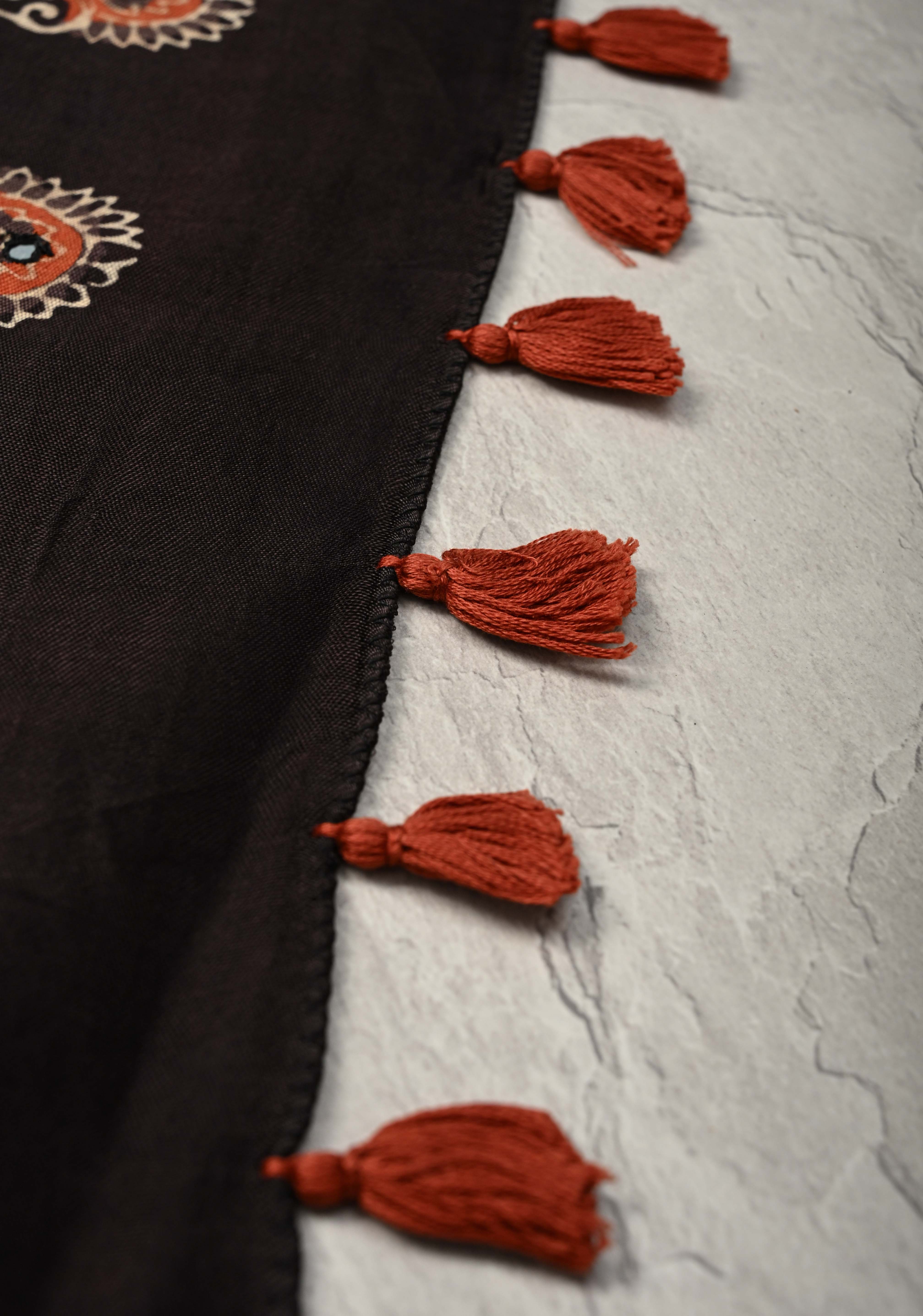 Black Floral Hand Block Print on Modal Silk Saree with Mirror Work | Shobitam