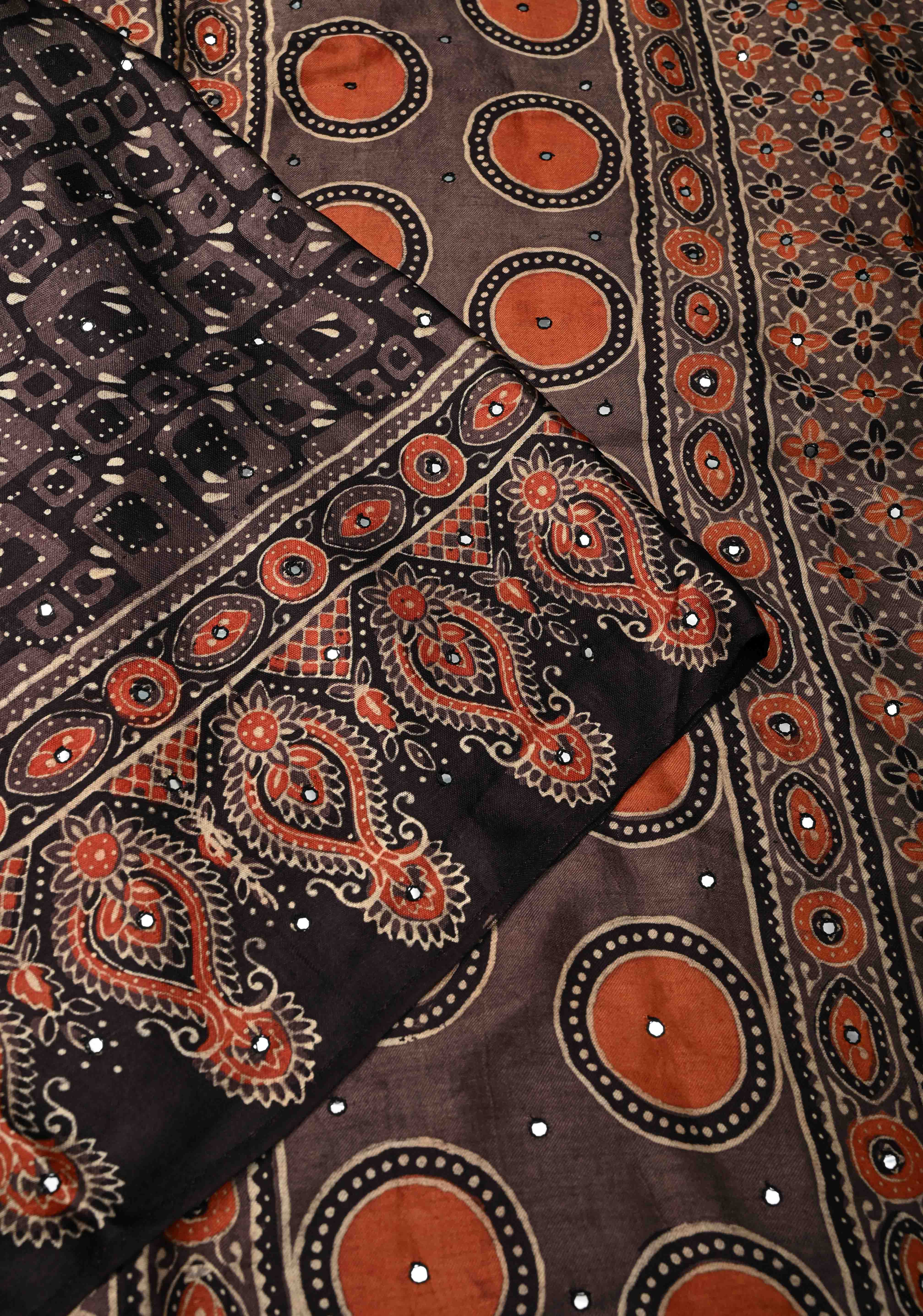 Black Floral Hand Block Print on Modal Silk Saree with Mirror Work | Shobitam