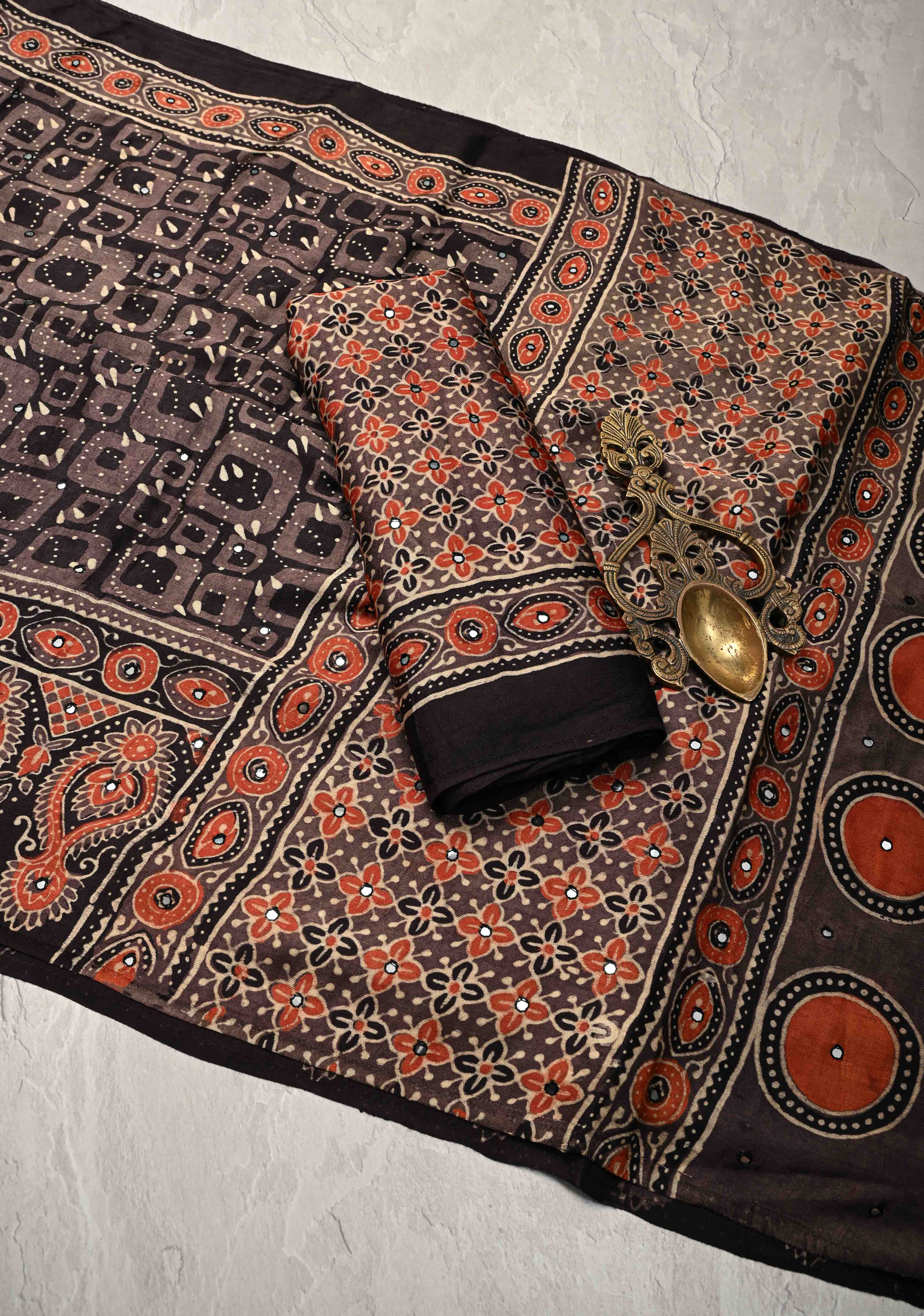 Black Floral Hand Block Print on Modal Silk Saree with Mirror Work | Shobitam