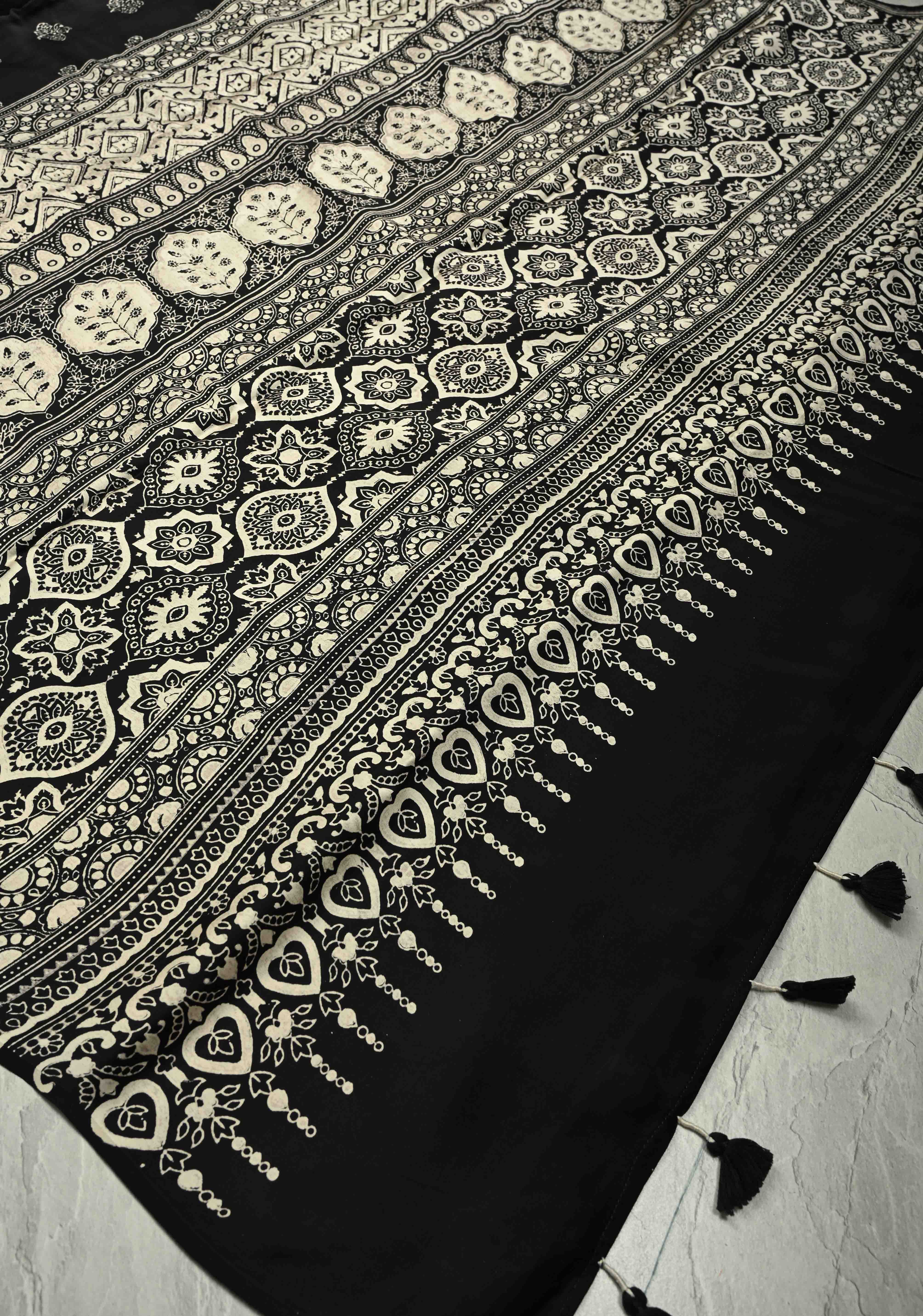 Black-White Modal Silk Saree with Ajrakh Hand Block Print | Shobitam